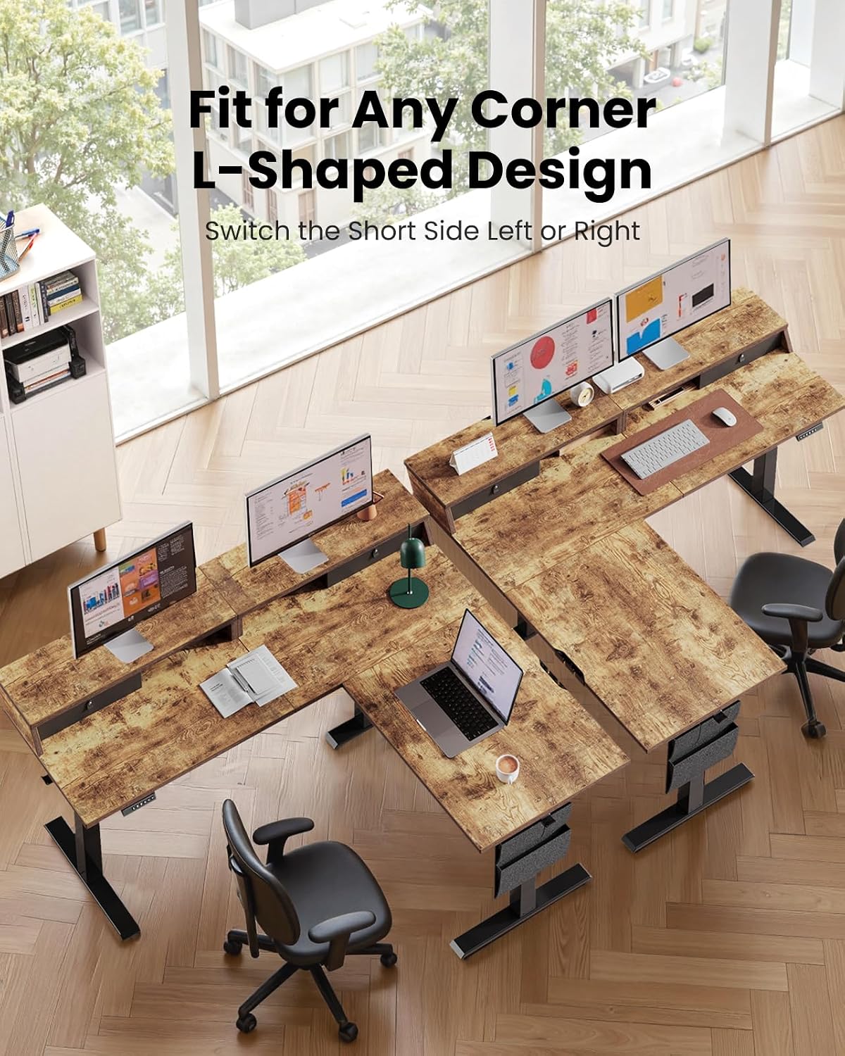 ErGear L Shaped Electric Standing Desk, 63' Ergonomic Corner Height Adjustable Desk with Drawers, Sit Stand Computer Table with Storage for Work Office Home, Vintage Brown