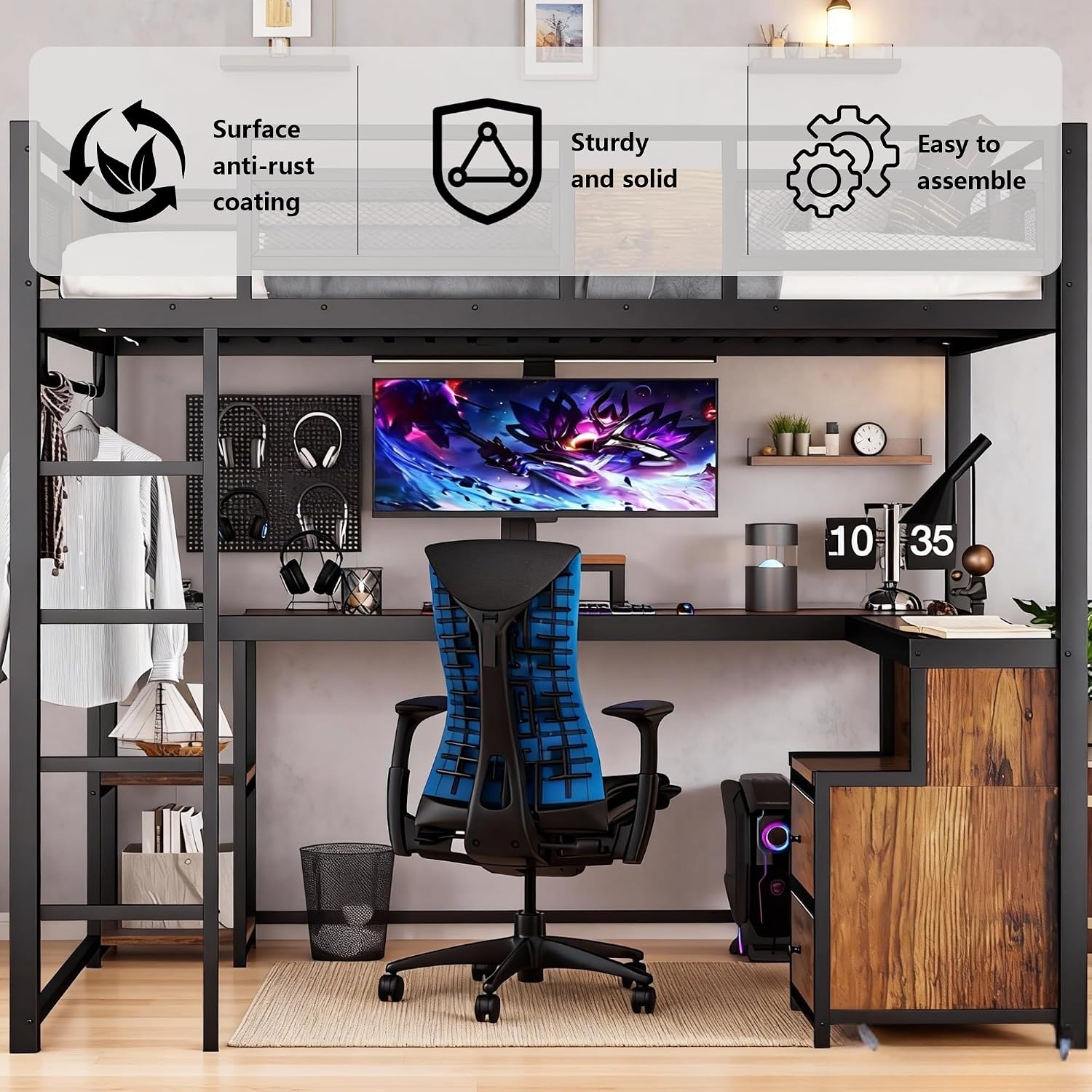 Bellemave Queen Loft Bed with Storage Drawers and L-Shaped Desk, Metal Loft Bed Frame with Computer Monitor Stand, Hang Rod, and Multi-Function Shelves, Loftbed with Noise-Free Design, Black