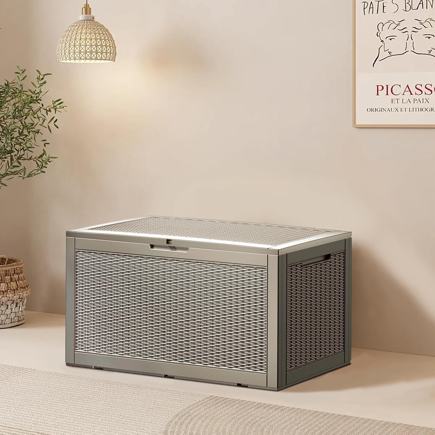 105 Gallon Resin Deck Box, Waterproof Outdoor Storage Bin for Patio Furniture, Pool Accessories, and Garden Tools, Lockable & UV-Resistant, Grey