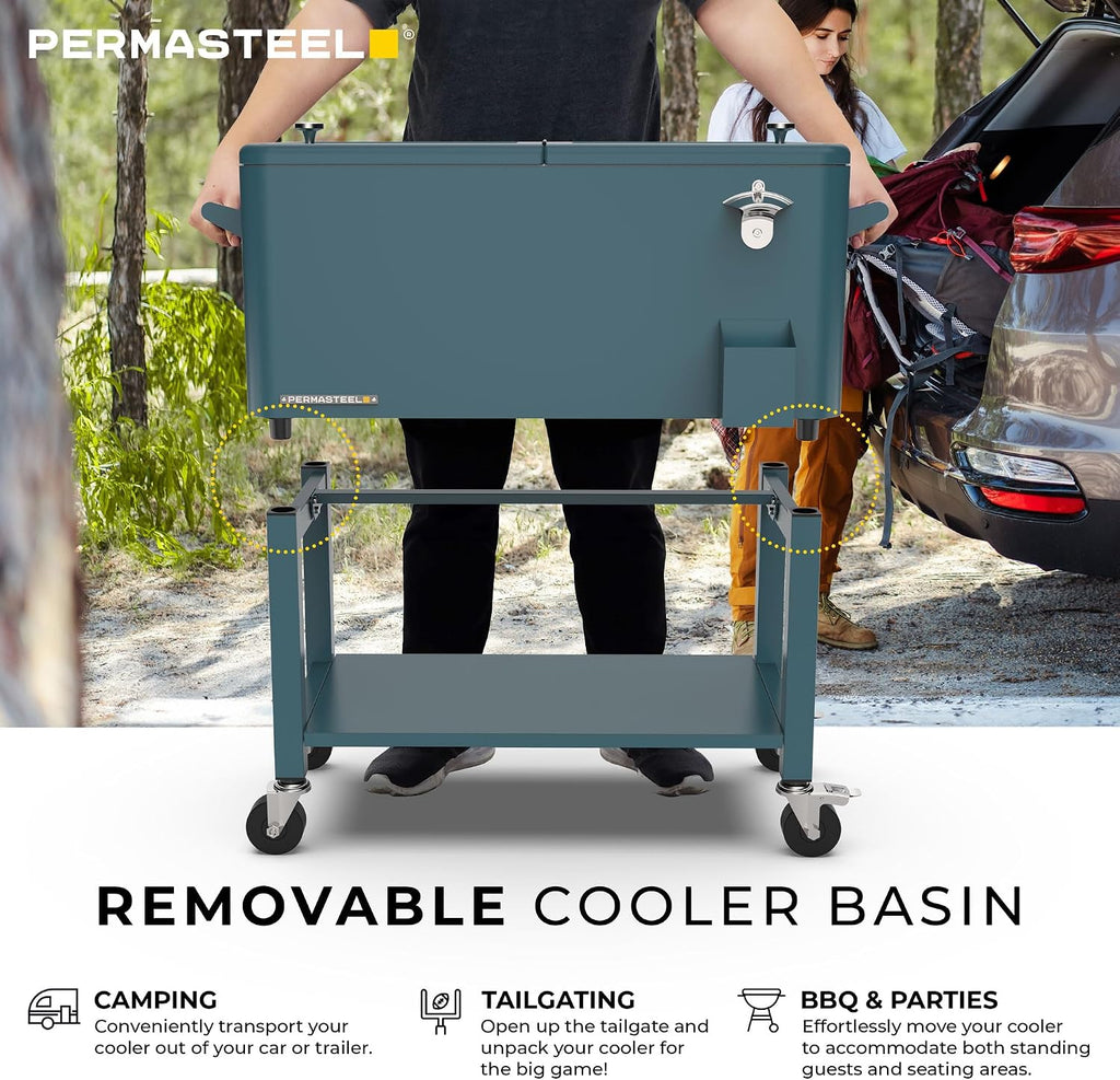 Permasteel Party Cooler with Divider, Removable Basin, Spacious 80-Qt Capacity, Chills 36hrs, Serving Tray, Rolling Ice Chest for Indoor & Outdoor