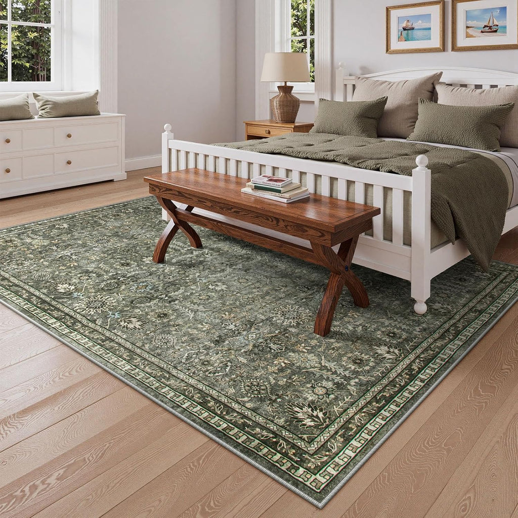 Lahome Sage Green Area Rug 6x9, Machine Washable Rugs for Living Room, Boho Vintage Soft Bedroom Carpet for Dining Room Nursery Apartment Office, Dark Green