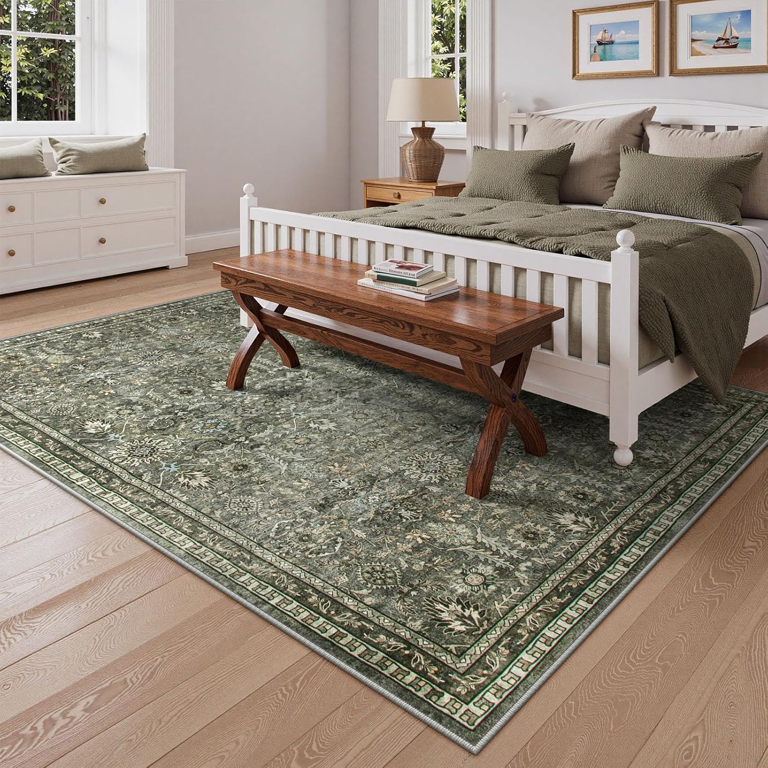 Lahome Sage Green Area Rug 6x9, Machine Washable Rugs for Living Room, Boho Vintage Soft Bedroom Carpet for Dining Room Nursery Apartment Office, Dark Green