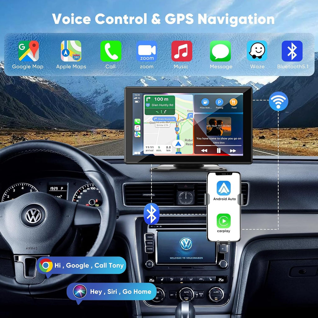 9.3' Carplay Screen for Car with Backup Camera, 2.5K Wireless Display, Android Auto Compatible, Portable Dash Cam, Touch Monitor, GPS Navigation, Bluetooth FM Transmitter, Universal Mount, Gifts