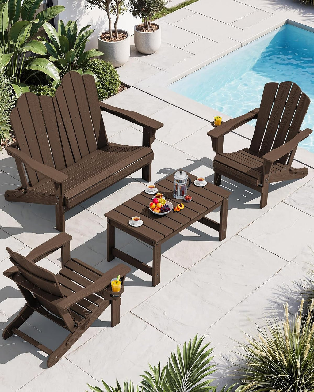 SERWALL 4 Pieces HDPE Patio Adirondack Chair Set, 2 Adirondack Chair with Cup Holder & 1 Adirondack Bench & 1 Coffee Table with Umbrella Hole, Coffee