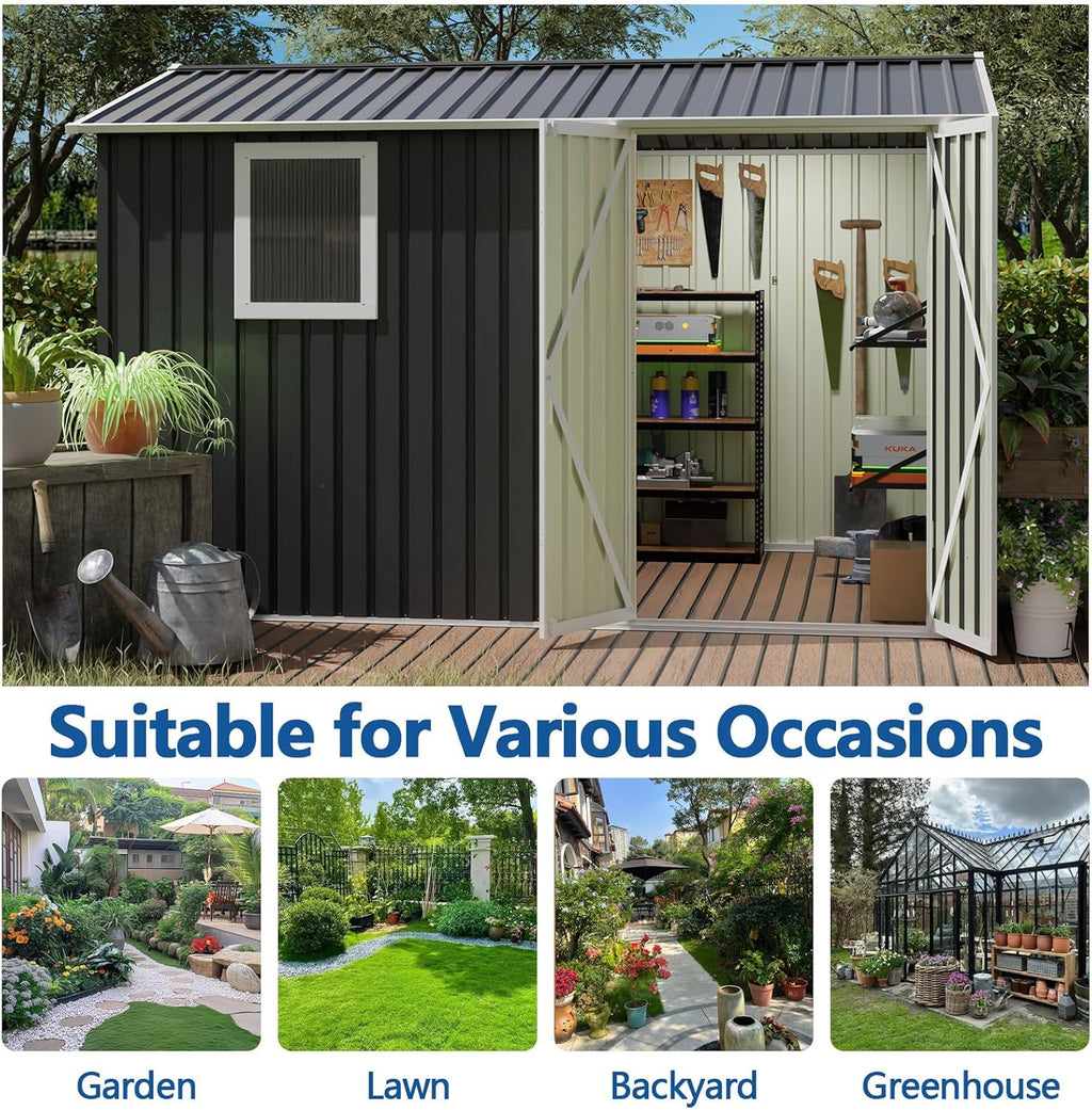 9.5 x 6.7FT Outdoor Storage Shed, Utility Tool Shed with Door & Lock Metal Storage Garden Shed for Patio Storage (Grey, 9.5 x 6.7FT)