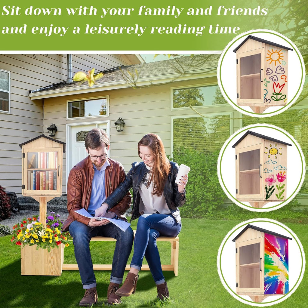 Wonderjune Little Library Box Outdoor with Bench & Planter DIY Paintable Lending Free Library Solid Pine Wood Neighborhood Share Box Ground Mount Kit for Yard Garden Community School(Wood)
