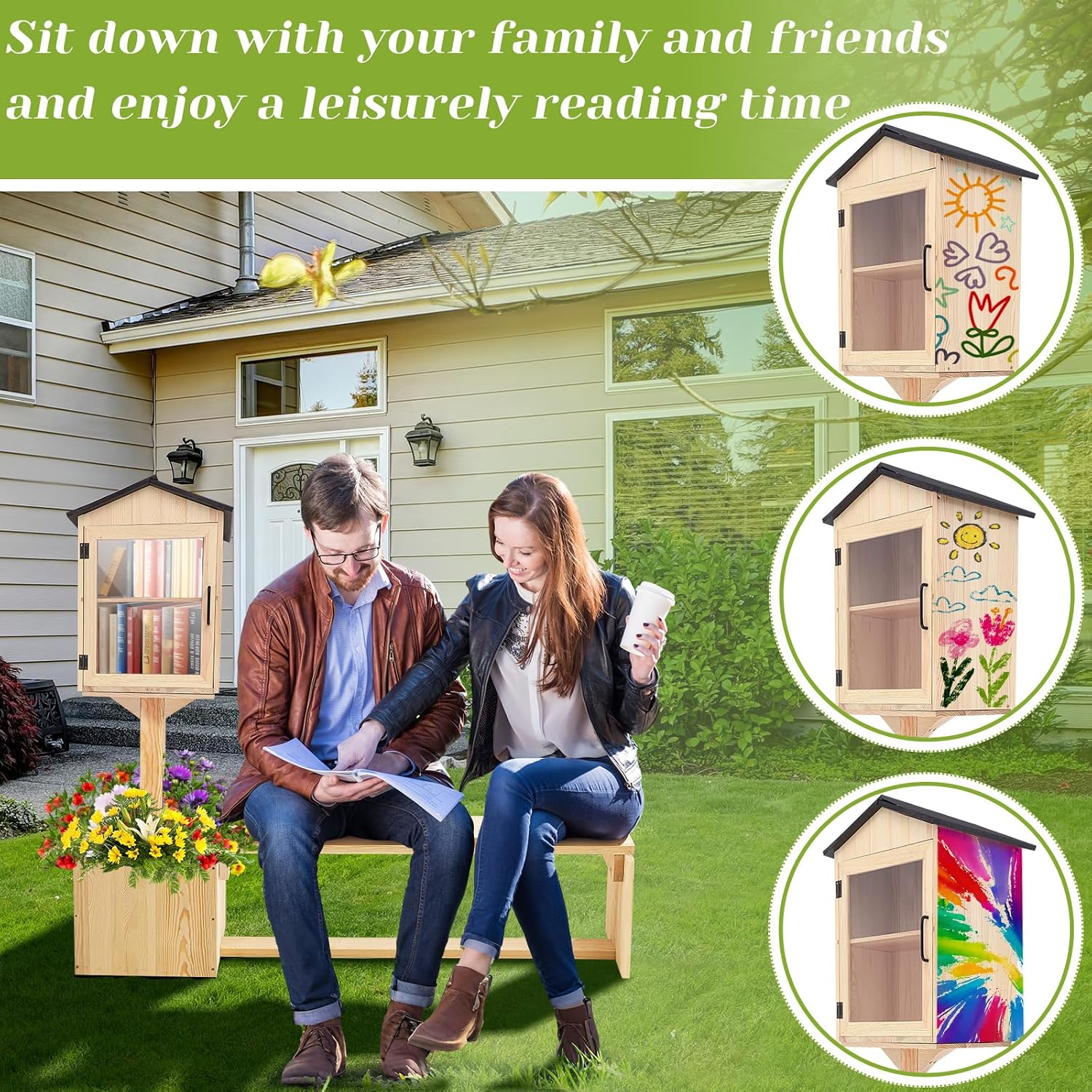 Wonderjune Little Library Box Outdoor with Bench & Planter DIY Paintable Lending Free Library Solid Pine Wood Neighborhood Share Box Ground Mount Kit for Yard Garden Community School(Wood)