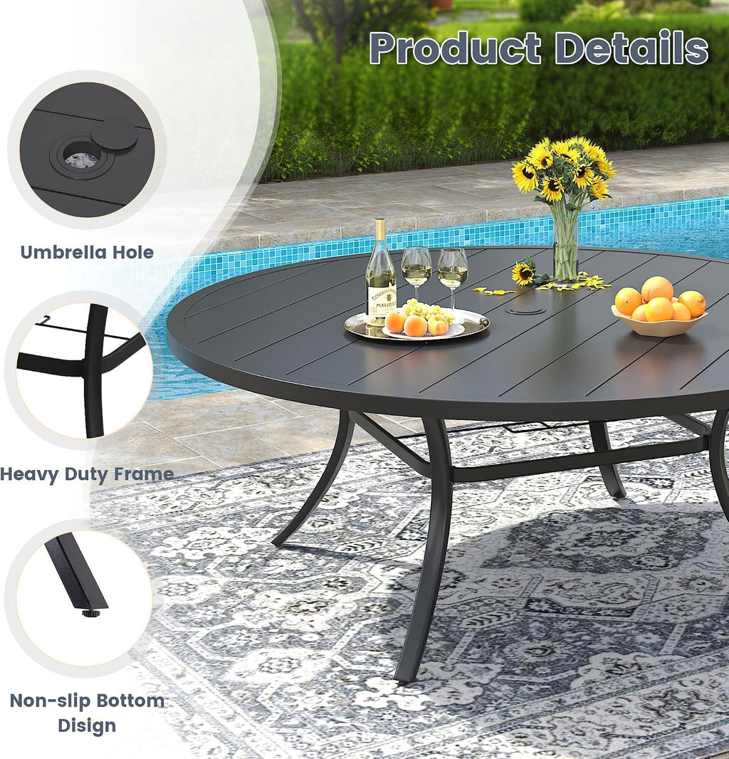 VICLLAX 60' Outdoor Round Patio Dining Table for 8-10, All Weather Metal Dining Table with Umbrella Hole for Deck Lawn Garden Backyard, Black