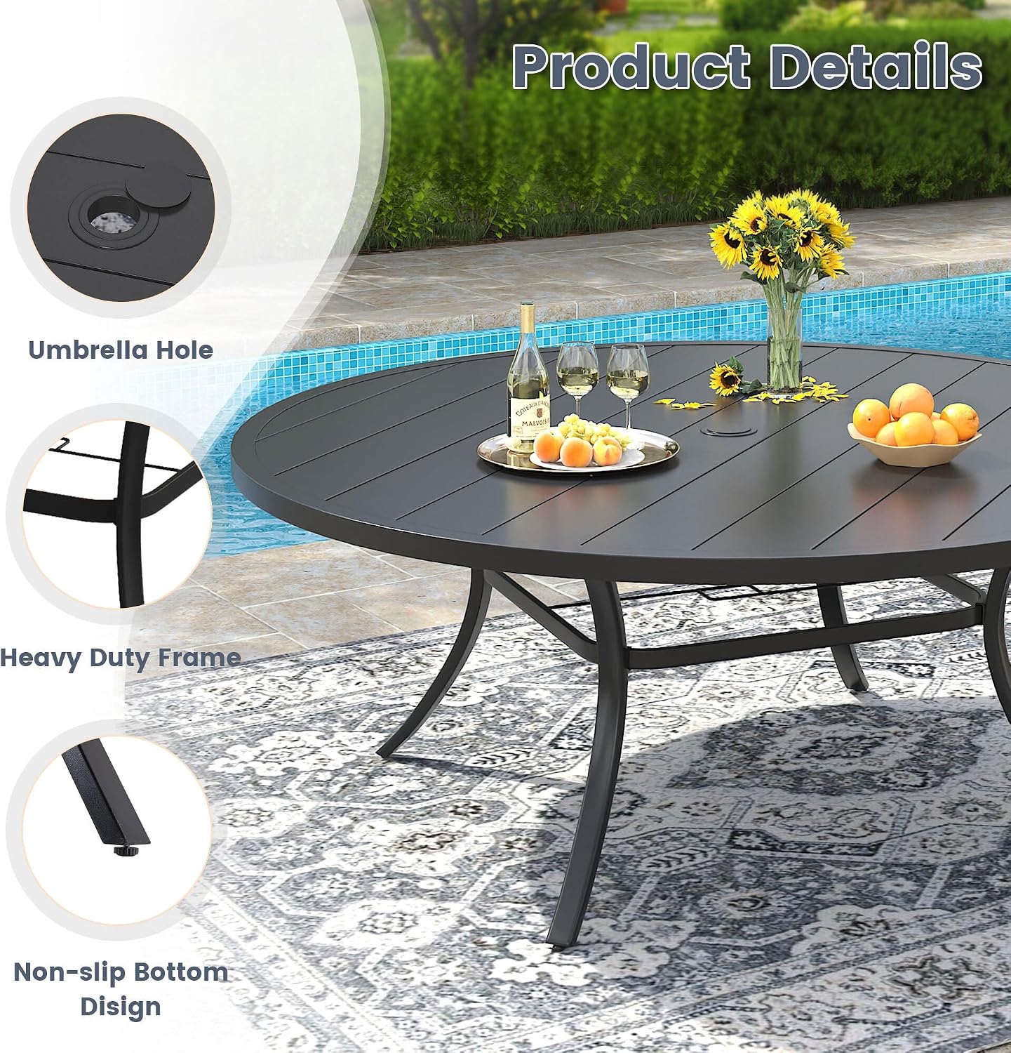 VICLLAX 60' Outdoor Round Patio Dining Table for 8-10, All Weather Metal Dining Table with Umbrella Hole for Deck Lawn Garden Backyard, Black