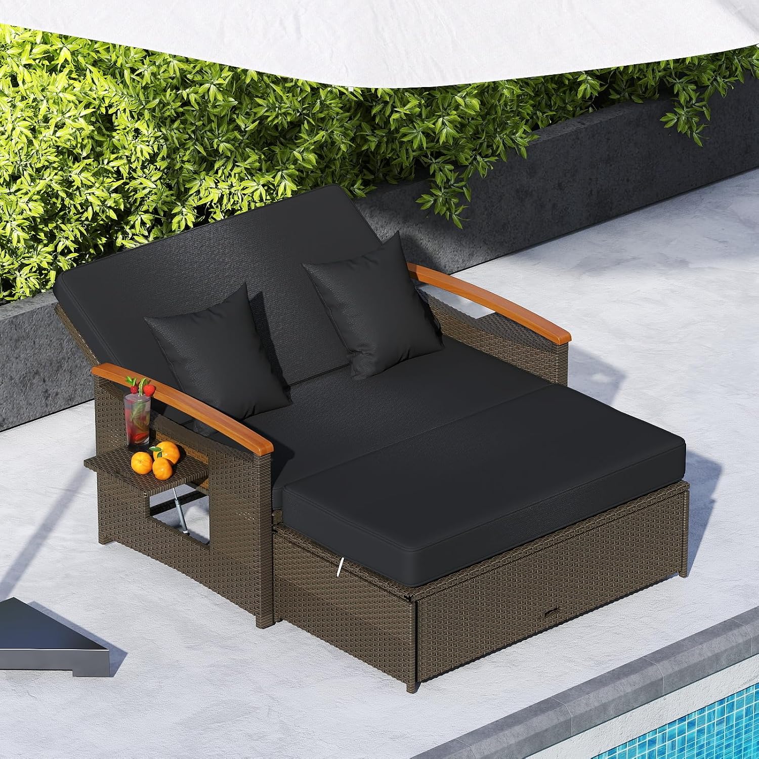Tangkula Patio Rattan Daybed with 4-Level Adjustable Backrest, Outdoor Wicker Loveseat with Acacia Wood Armrest, Storage Ottoman & Folding Tray, Double Sunbed for Balcony, Backyard & Poolside (Black)