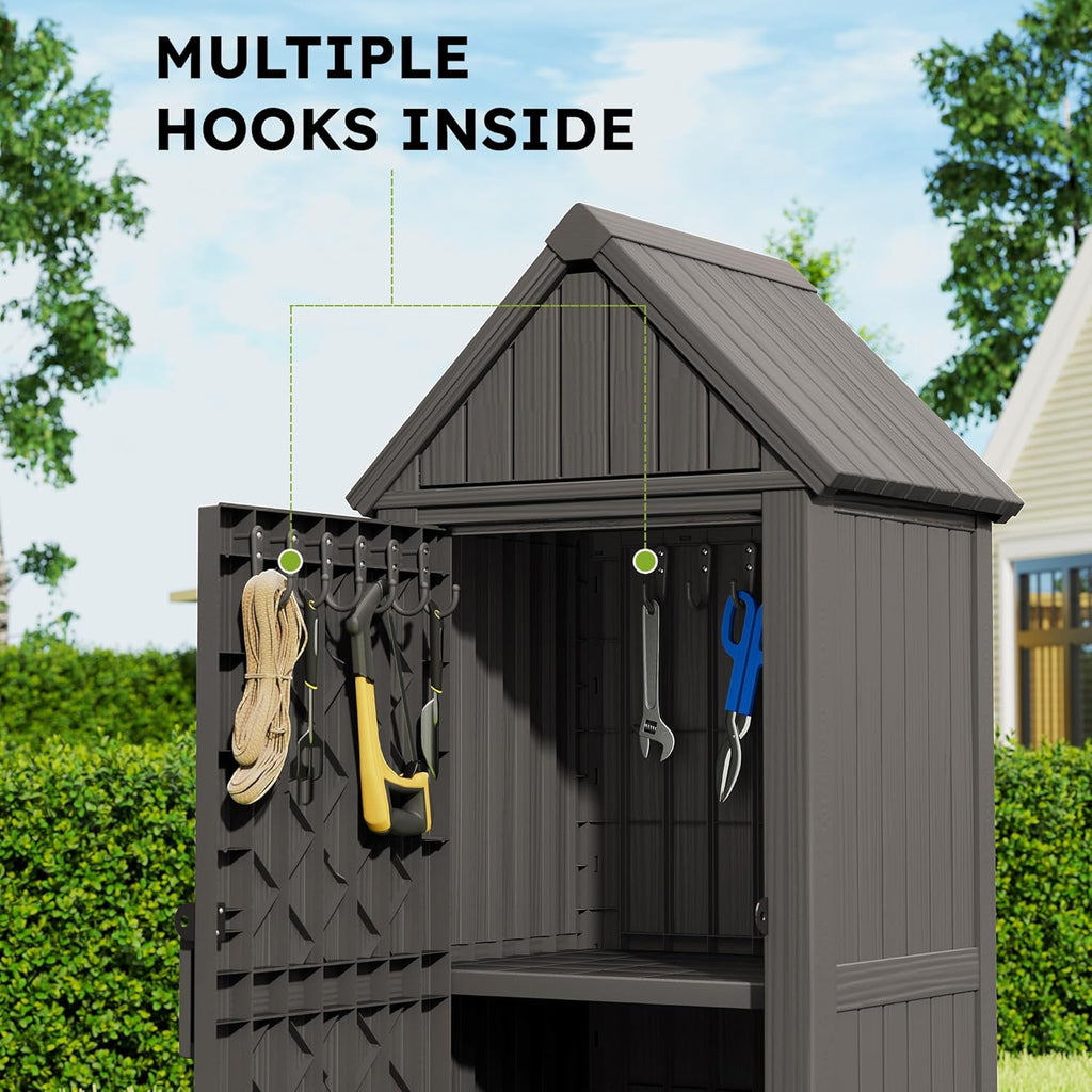 Vertical Outdoor Storage Shed, Waterproof Resin Outdoor Storage Cabinet with Removable Shelves & 12 Hooks, Lockable Small Tool Shed for Garden, Backyard, Patio, Pool, Gray