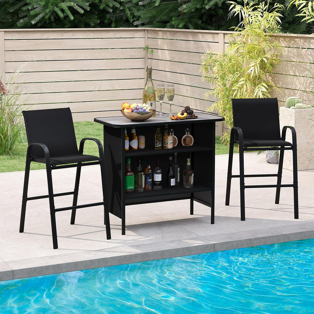Tangkula 3 Piece Outdoor Bar Set, Patio Bar Height Table & Armchairs with Footrest, Wood Plastic Tabletop & 2-Tier Shelf, Heavy-Duty Metal Barstools & Table Furniture for Backyard, Poolside (Black)