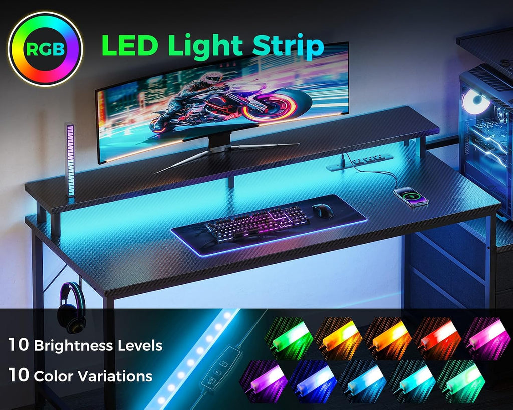 Casaottima 59 Inch Gaming Desk with USB Charging Ports & LED Light - Reversible Computer Desk with 3 Fabric Drawers, Monitor Stand, CPU Stand, Modern Office Desk, Black