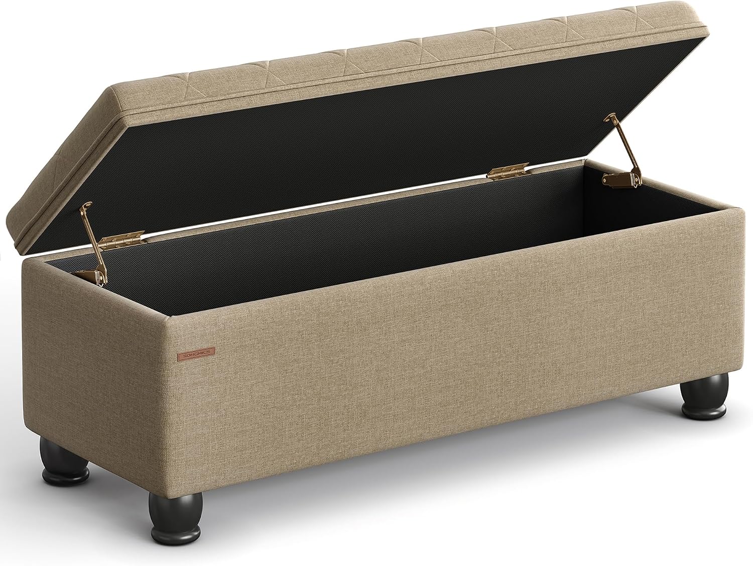 SONGMICS Storage Ottoman, Storage Bench, Tufted Entryway Bedroom Bench, 17.7 x 46.5 x 17.7 Inches, Hinges Easy Lid Operation, Wooden Legs, Linen-Look Cover, Loads 330 lb, Camel Brown ULOM070K01