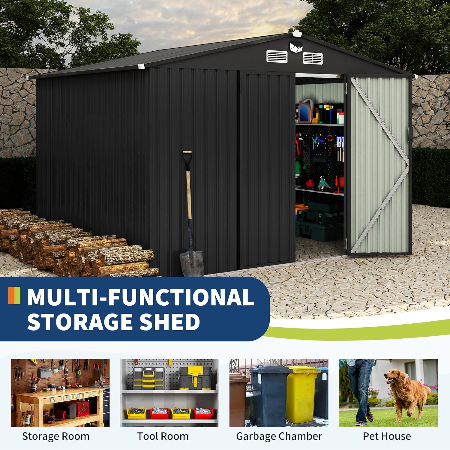 GarveeLife 8x10 Ft Outdoor Storage Sheds, Metal Garden Tool Shed for Backyard, Large Metal Sheds Outdoor Storage with Lockable Doors & Air Vents for Backyard Garden Patio Lawn
