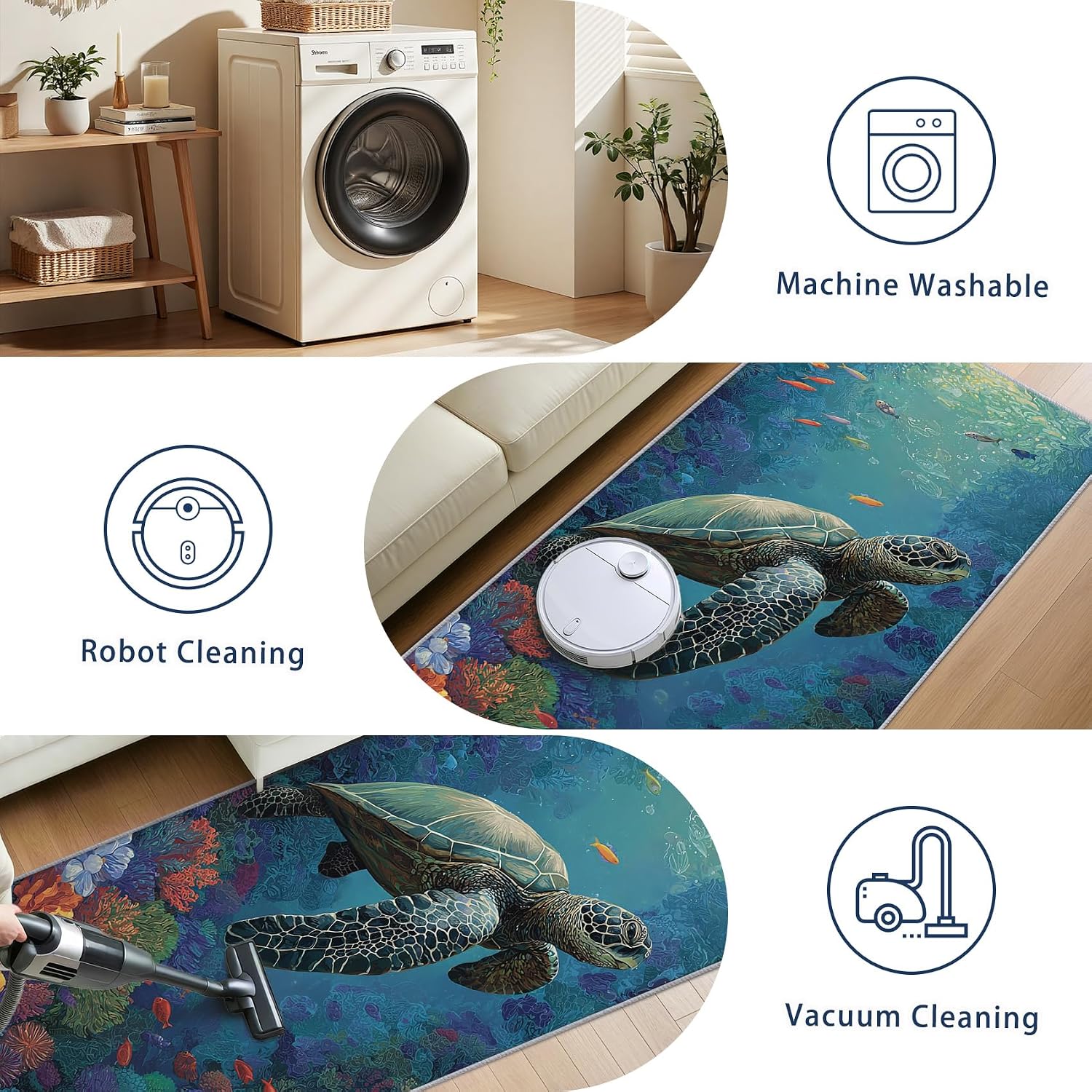 Sea Turtle Rug Runner 4x12 - Washable Non Slip Runner Rug for Hallway - Fish Coral Underwater Kitchen Rugs - Coastal Ocean Animal Carpet Runners for Hallway, Laundry Room, Bedroom, Bathroom
