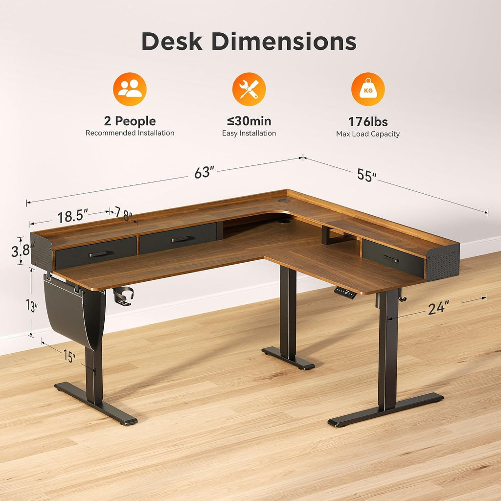 WALKINGDESK 63 Inches Height Adjustable L Shaped Standing Desk with 3 Drawers and Monitor Shelf, Electric Sit to Stand Home Office Comupter Table, Ergonomic Corner Gaming Desk, Black Walnut