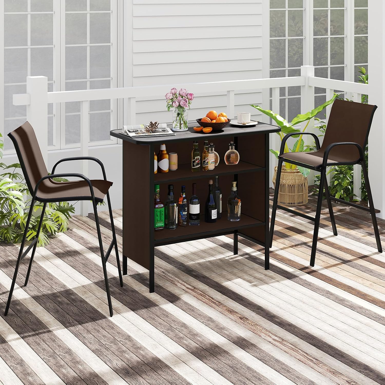 Tangkula 3 Piece Outdoor Bar Set, Patio Bar Height Table & Armchairs with Footrest, Wood Plastic Tabletop & 2-Tier Shelf, Heavy-Duty Metal Barstools & Table Furniture for Backyard, Poolside (Brown)