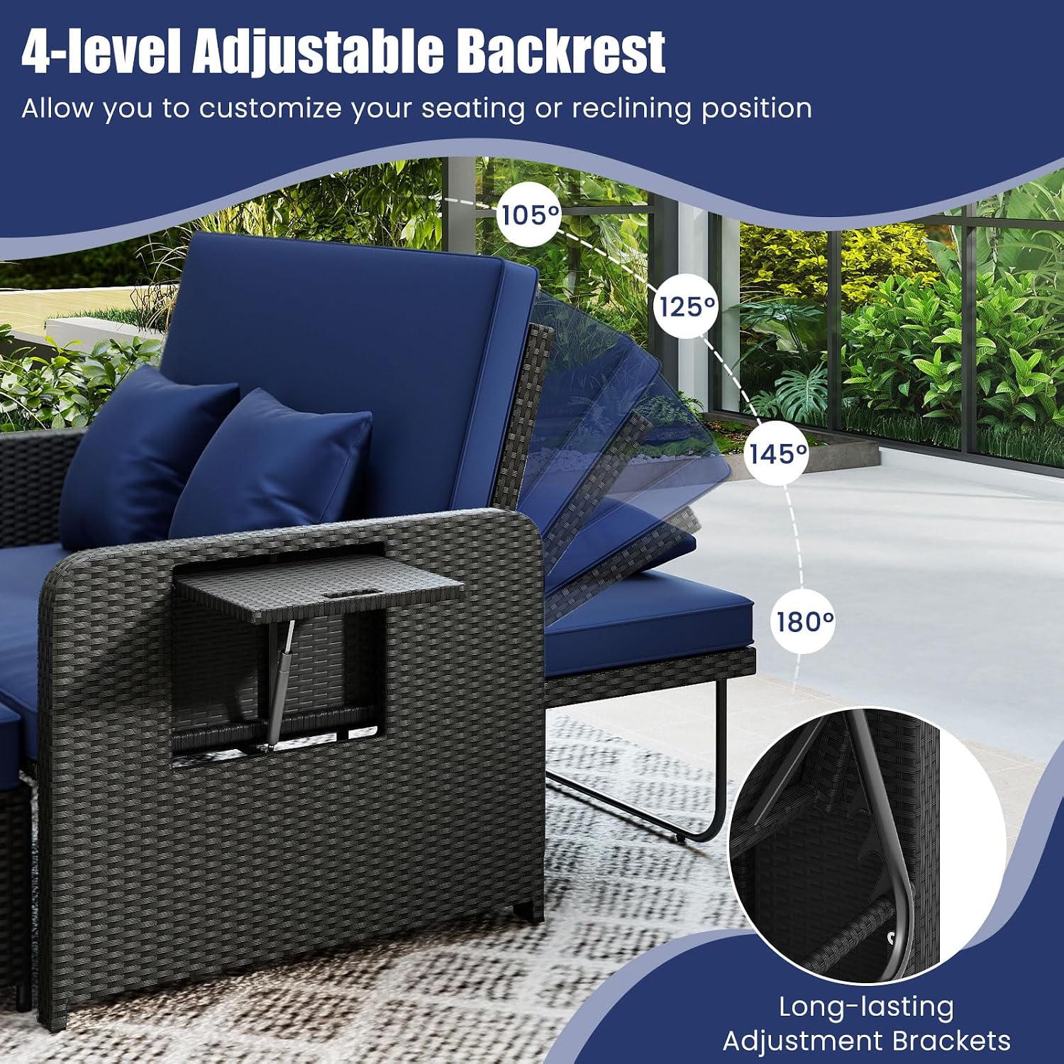 COSTWAY Patio Rattan Daybed with Cushions, Outdoor Wicker Loveseat Sofa with Storage Ottoman, 4-Level Adjustable Backrest, Bed Lounger for Yard, Balcony, Porch, Garden, Pool (Black+Navy)