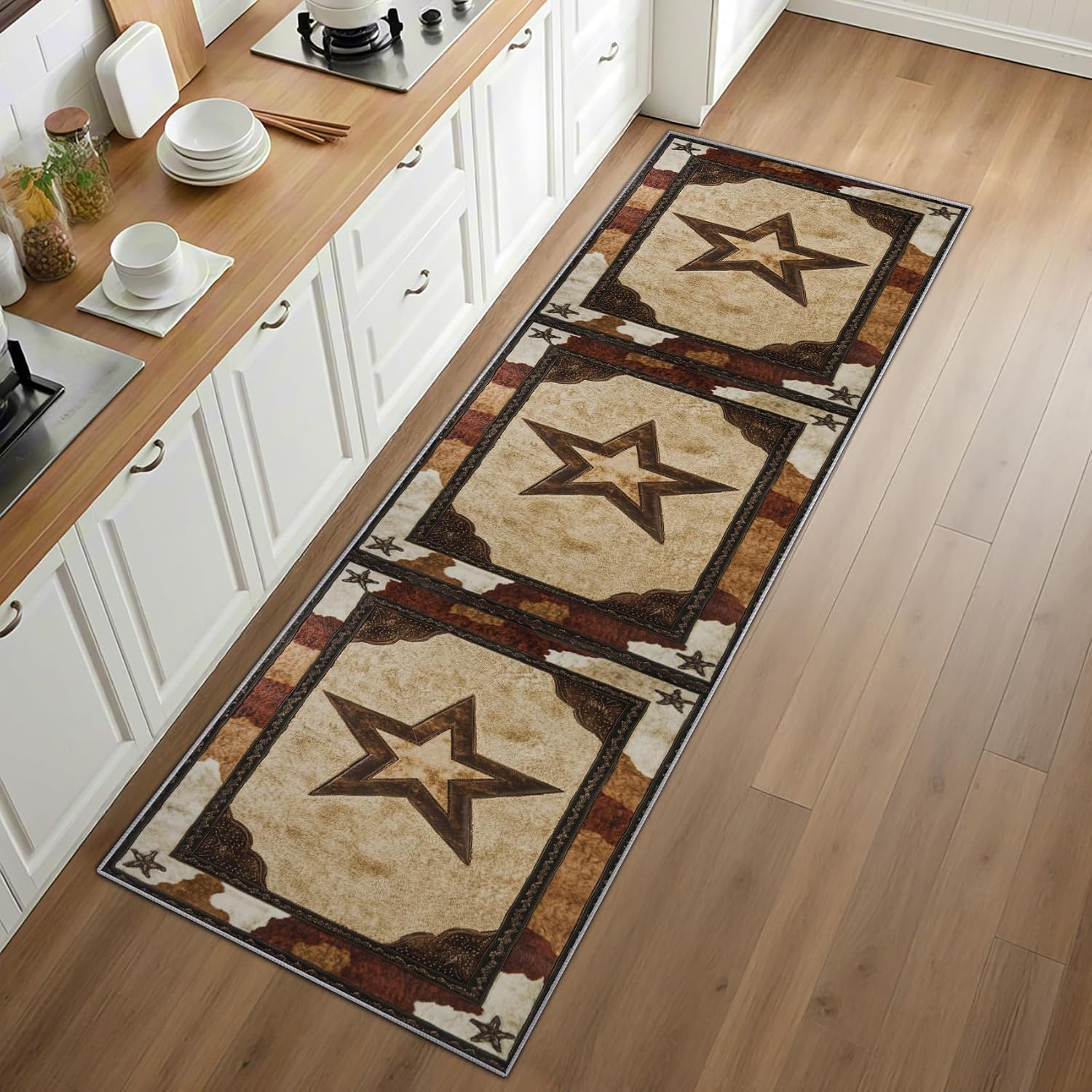 Texas Star Runner Rug for Hallway - 3x10 Washable Rug Runner Non Slip - Western Cowboy Kitchen Rugs - Rustic Farmhouse Cowhide Carpet Runners for Hallway, Laundry Room, Bedroom, Bathroom