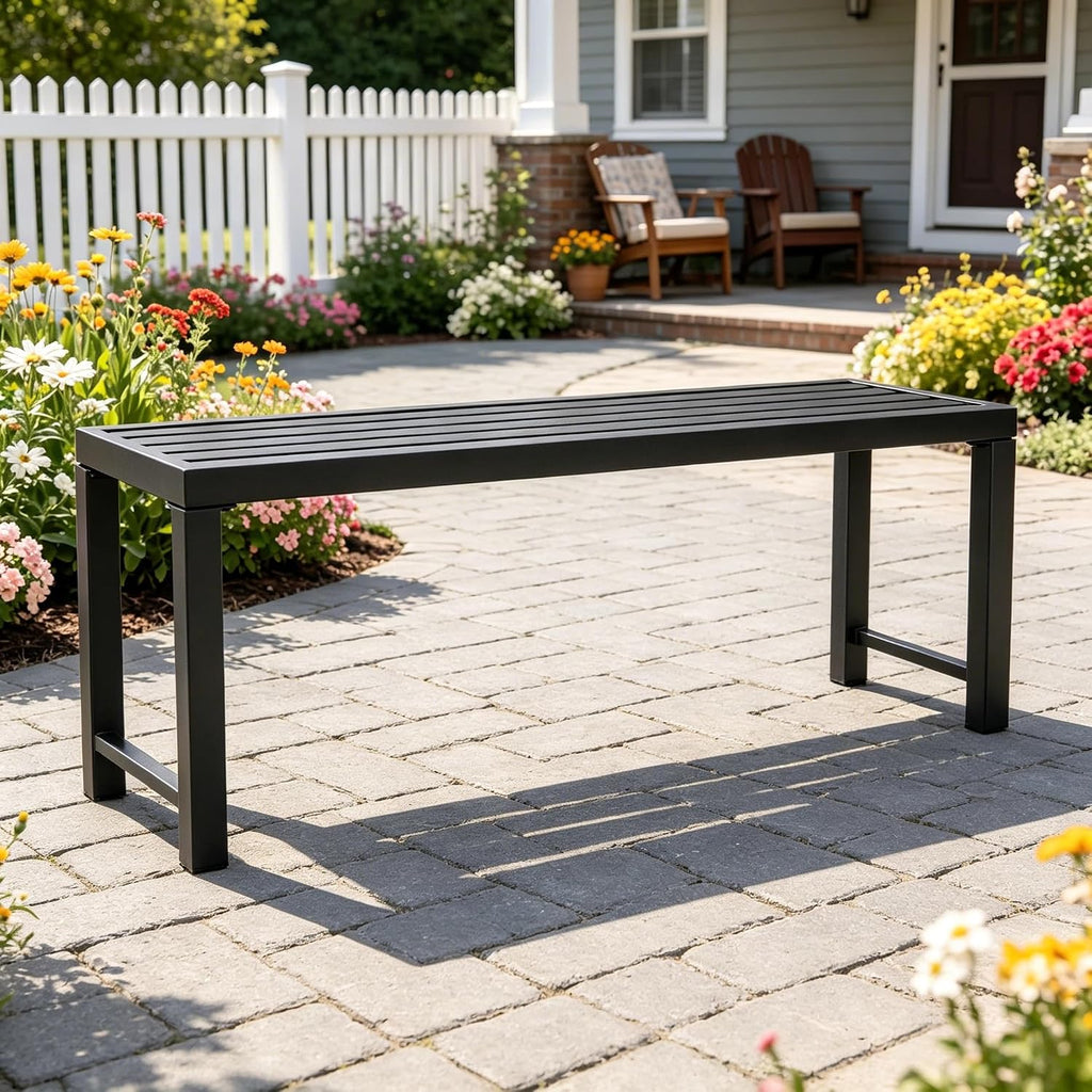 46' Outdoor Metal Backless Bench Set of 2, All-Weather Patio Garden Bench for Backyard, Porch, or Lawn, Durable Steel Bench for Outdoor Spaces, Black