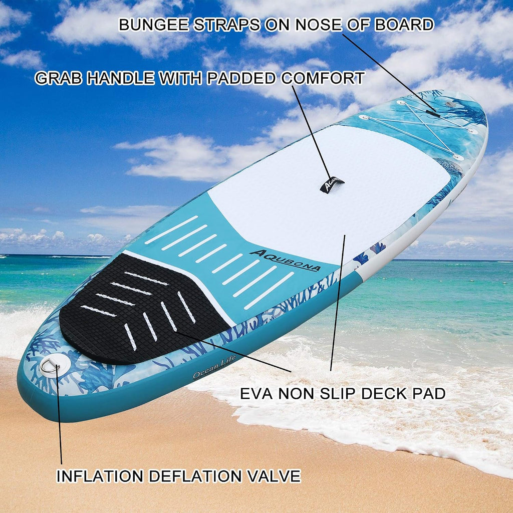 10'6'/11'Inflatable Stand Up Paddle Board Yoga Traveling Board for Surfing Everything Included with Adj Floating Paddle, Hand Pump, ISUP Travel Backpack, Leash, Fin.