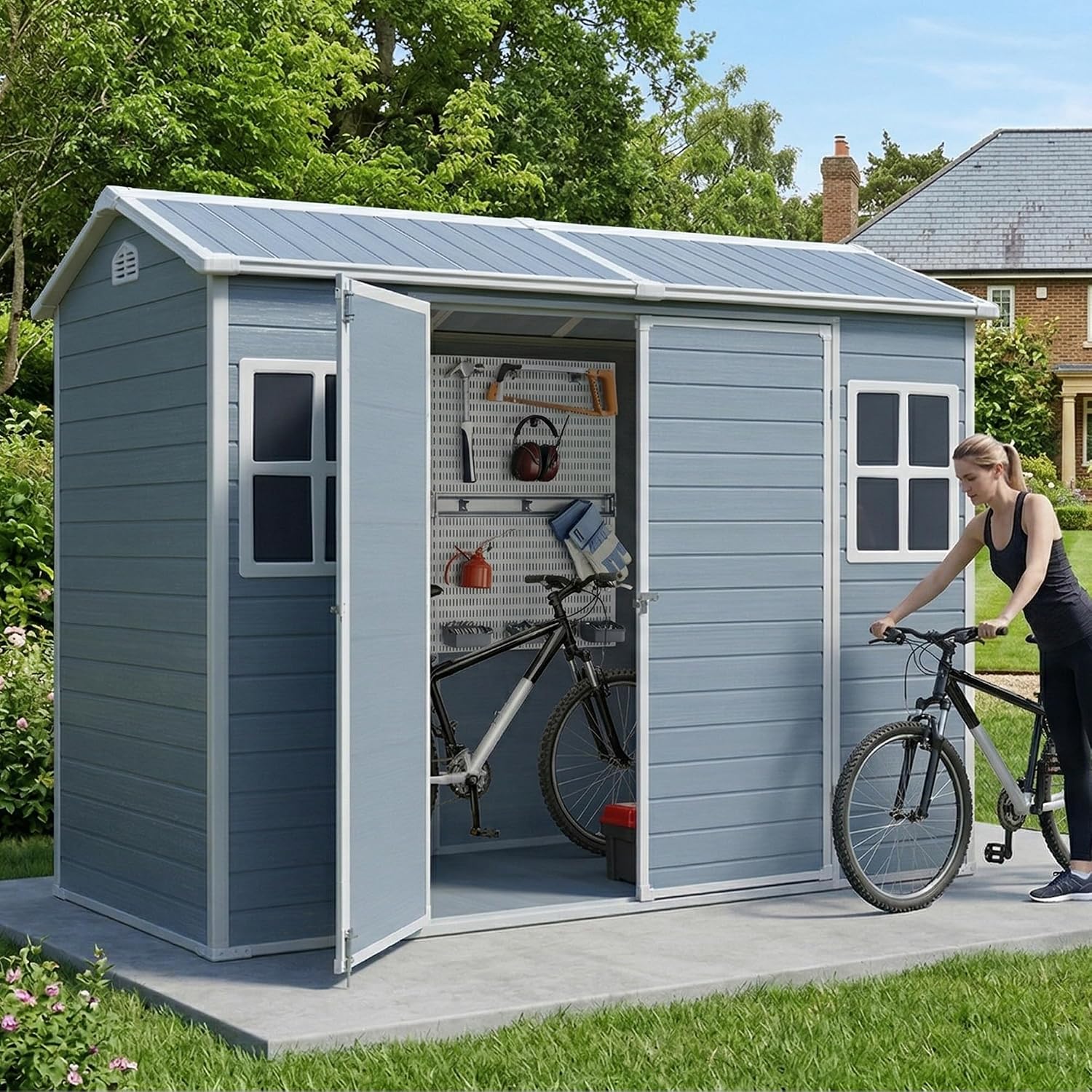 Resin Shed with Floor, Storage Shed with Floor, 8x4FT Outdoor Shed with 2 Windows and Lockable Door Sheds for Garden Tools, Bike