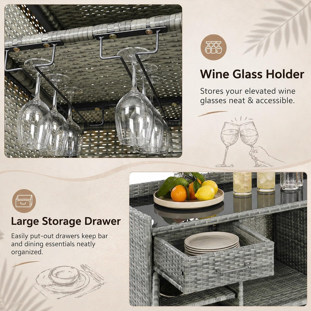 53.5' W Outdoor Wicker Storage Cabinet with Fridge Space, Weatherproof Patio Mini Fridge Bar Cabinet with Adjustable Shelves & Drawers for Outdoor Pool, Towel Storage, Garden, Kitchen, Grey