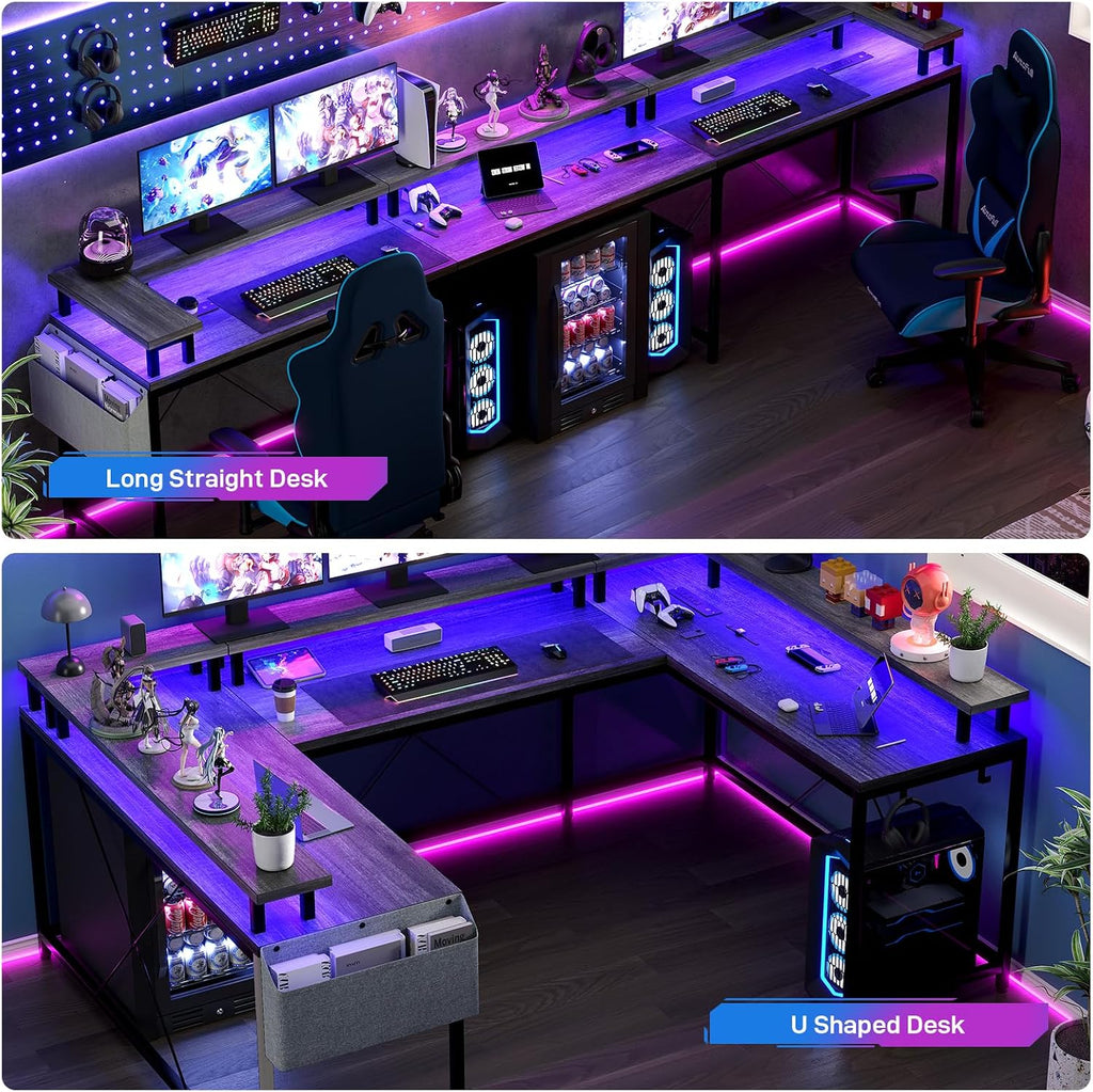 79 Inch u Shaped Desk with Power Outlets, LED Strip & Monitor Stand, Large Corner Computer Desk with Monitor Stand & with Storage Shelves for Home Office