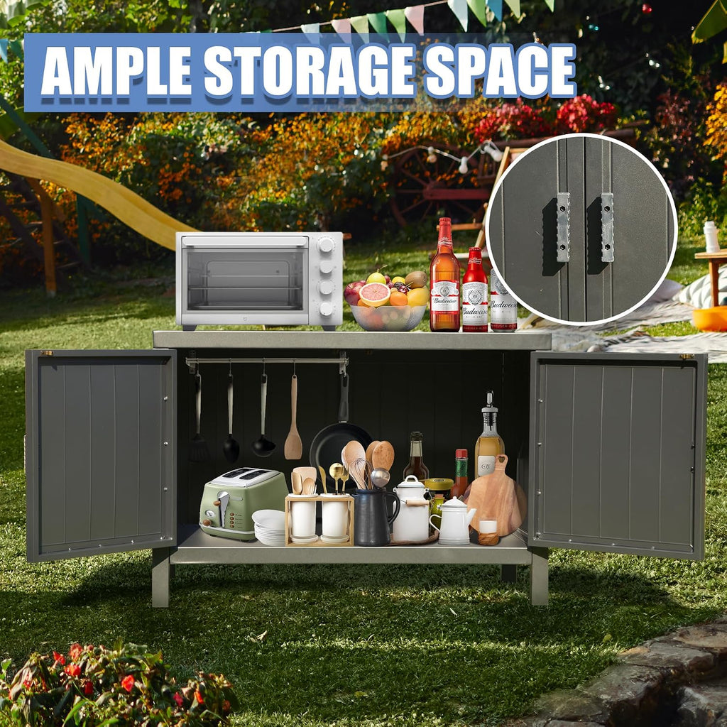 Domi Outdoor Kitchen Island with Storage, Aluminum Kitchen Storage Island Outdoor Grill Table, Freestanding Outdoor Prep Table Grill Storage Cabinet with Protective Cover for BBQ, Deck, Patio