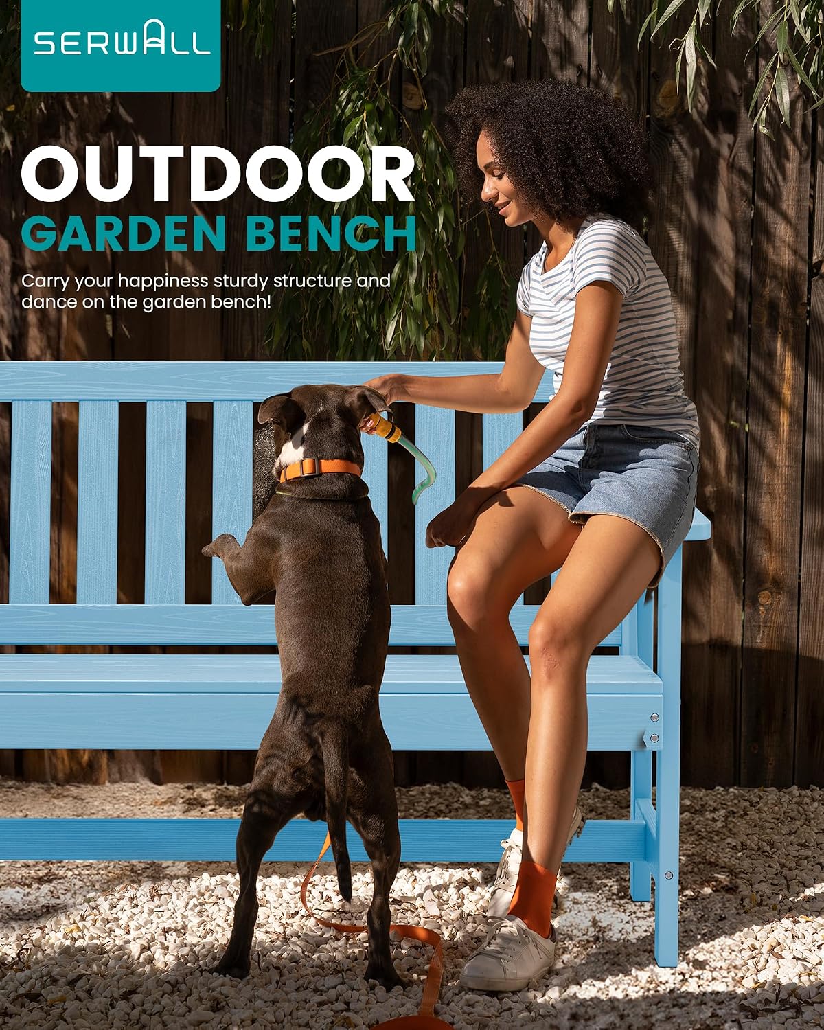 SERWALL Outdoor Bench, HDPE Outdoor Benches Weatherproof, 2-Person Garden Bench with 660 lbs Weight Capacity, Patio Benches for Outdoors, Garden, Porch, Backyard and Park, Light Blue