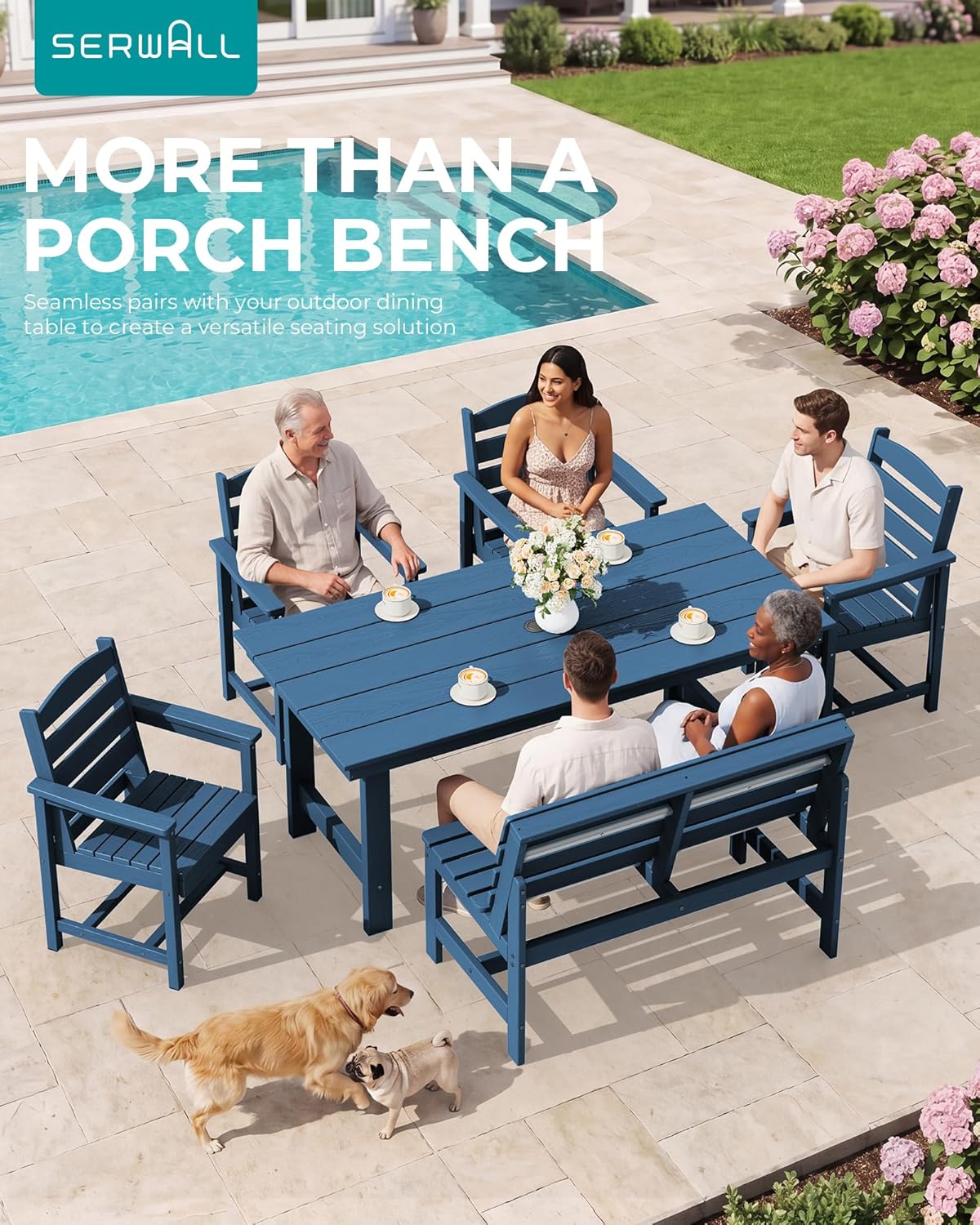 SERWALL Outdoor Bench, All Weather HDPE Outdoor Benches, 2-Person Armless Porch Bench with 600 lbs Weight Capacity, Patio Benches for Outdoors, Porch, Park and Dining, Navy, 2 Pack