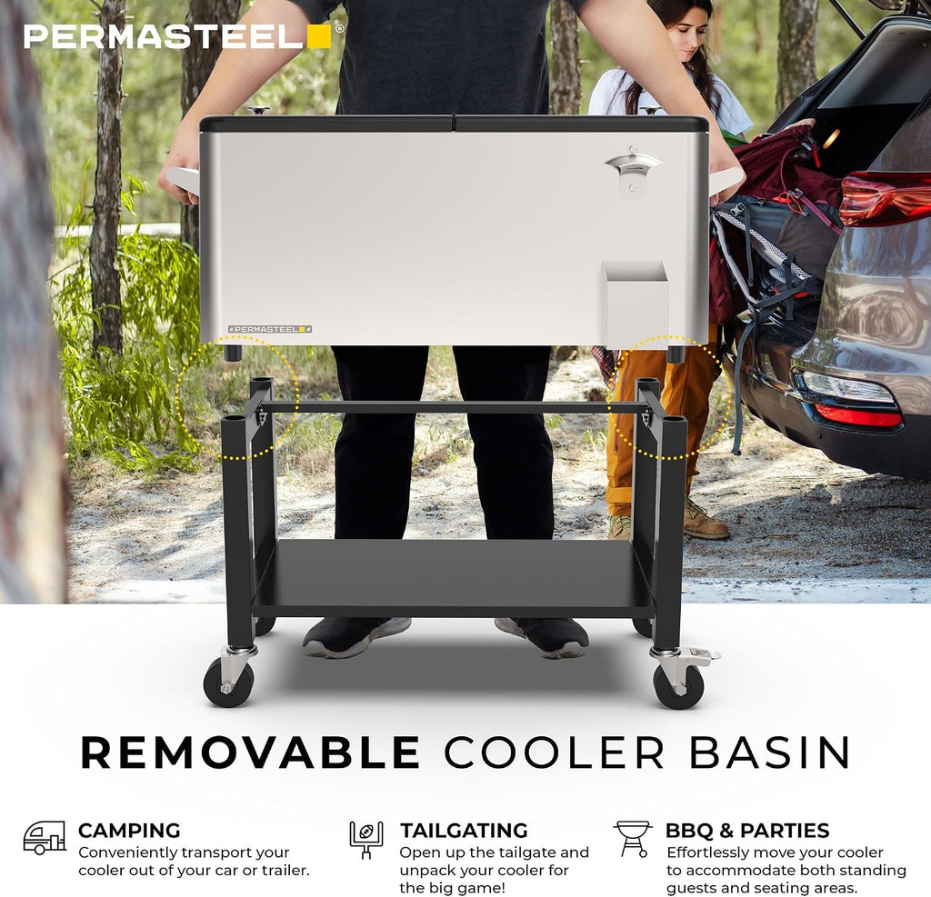 Permasteel Party Cooler with Divider, Removable Basin, Spacious 80-Qt Capacity, Chills 36hrs, Serving Tray, Rolling Ice Chest for Indoor & Outdoor