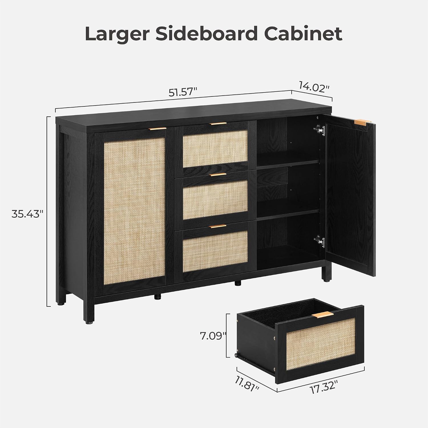 SICOTAS Rattan Large Sideboard Buffet Cabinet with Storage - Farmhouse Boho Coffee Bar Storage Cabinet with 3 Drawers and 2 Doors, Tall Credenza for Living Room, Kitchen, Hallway, Black Oak (2 Pieces)