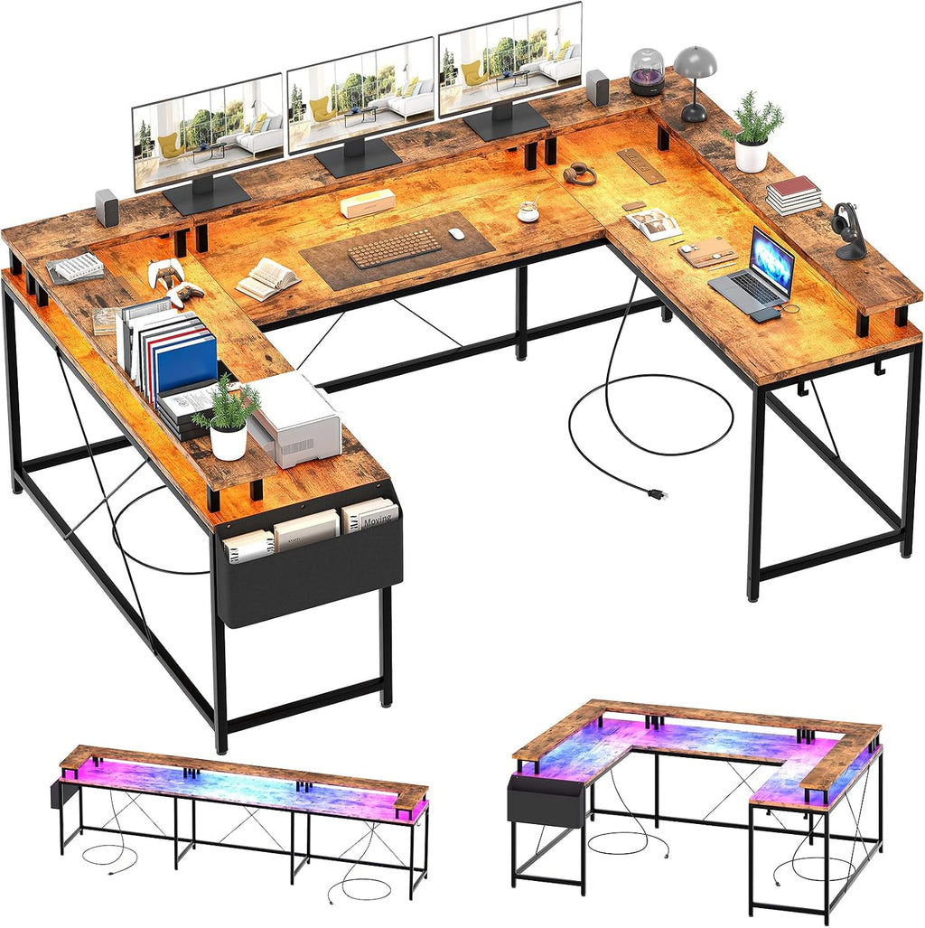 u Shaped Desk with Power Outlets & LED Lights, 79' Extra Large Reversible Corner Office Desk, Monitor Stand & Storage Shelves, Corner Computer Table Office Table with Full Monitor Stand