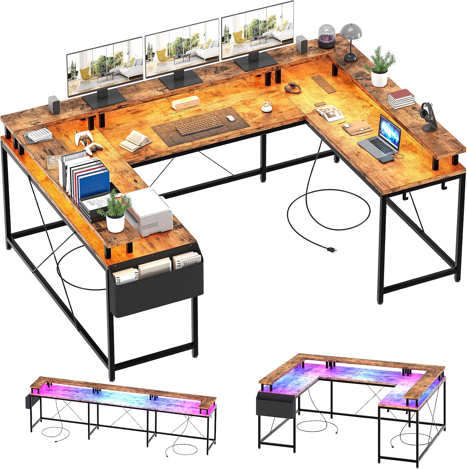 u Shaped Desk with Power Outlets & LED Lights, 79' Extra Large Reversible Corner Office Desk, Monitor Stand & Storage Shelves, Corner Computer Table Office Table with Full Monitor Stand