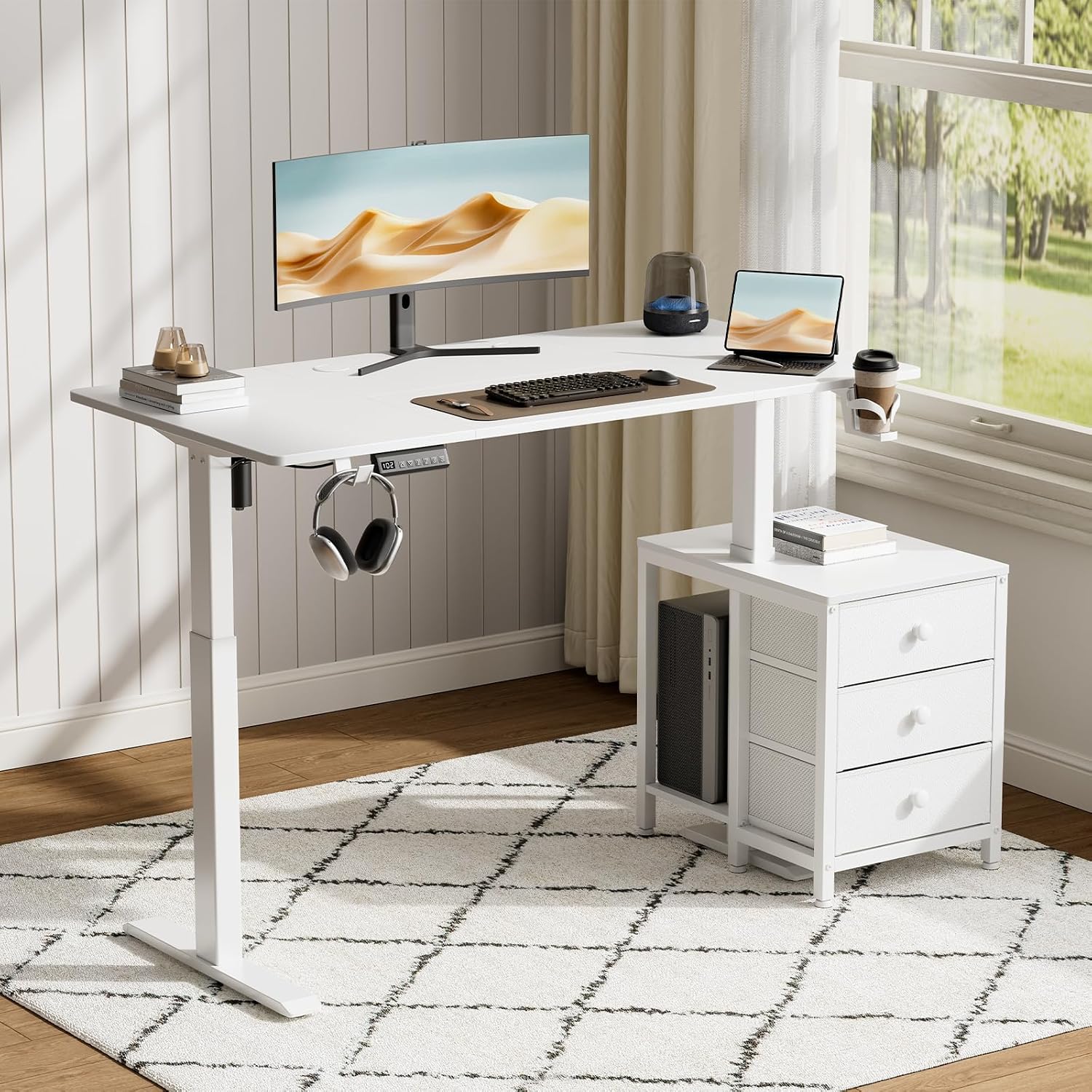REAHOME Electric Standing Desk with Drawers, 55 x 24 Inches Height Adjustable Sit Stand Desk with Storage, 3 Memory Preset Home Office Computer Desk, Printer Cabinet, 2 Hooks, Cable Management, White