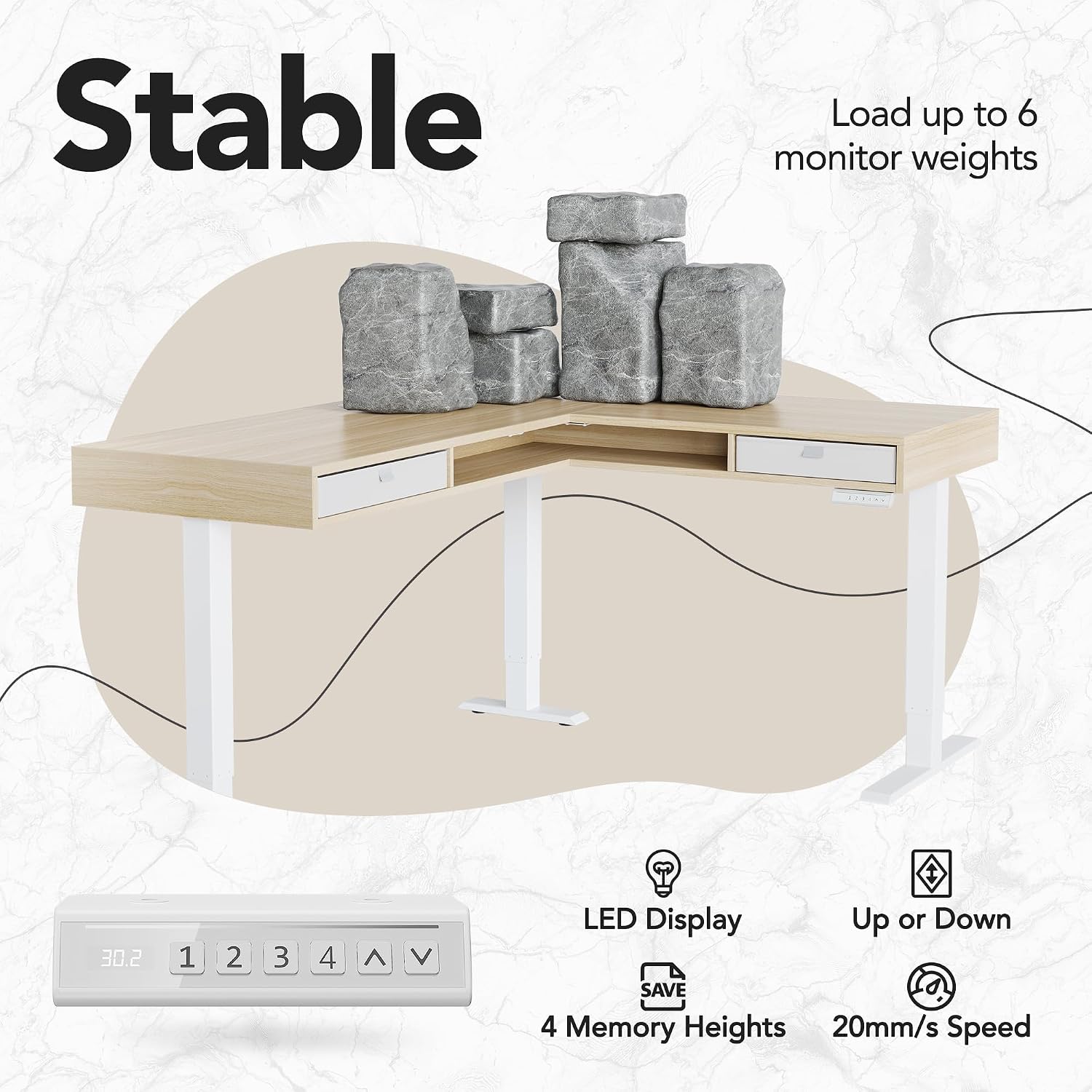 HUANUO Electric L Shaped Standing Desk with 2 Storage Drawers & File Cabinet, 63'' x 53'' Height Adjustable Corner Standing Desk, Computer Desk with Cable Management Tray, Light Walnut