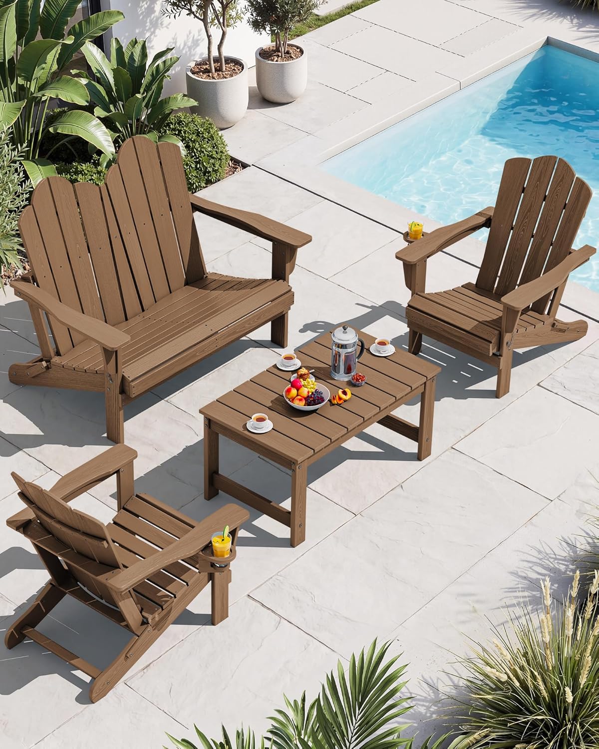 SERWALL 4 Pieces HDPE Patio Adirondack Chair Set, 2 Adirondack Chair with Cup Holder & 1 Adirondack Bench & 1 Coffee Table with Umbrella Hole, Brown