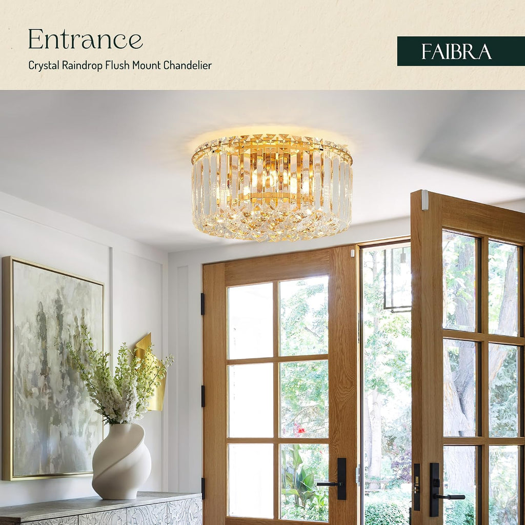 12.6' Gold K9 Crystal Raindrop Flush Mount Ceiling Light, Modern Chandelier, Round Luxury Light Fixture for Dining Room, Bedroom, Hallway, Kitchen Island & Living Room