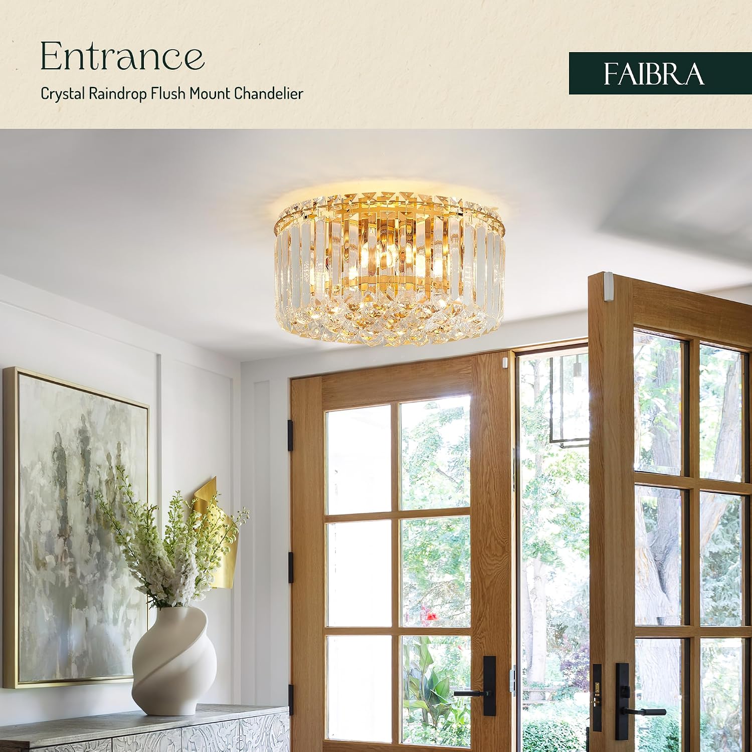 12.6' Gold K9 Crystal Raindrop Flush Mount Ceiling Light, Modern Chandelier, Round Luxury Light Fixture for Dining Room, Bedroom, Hallway, Kitchen Island & Living Room
