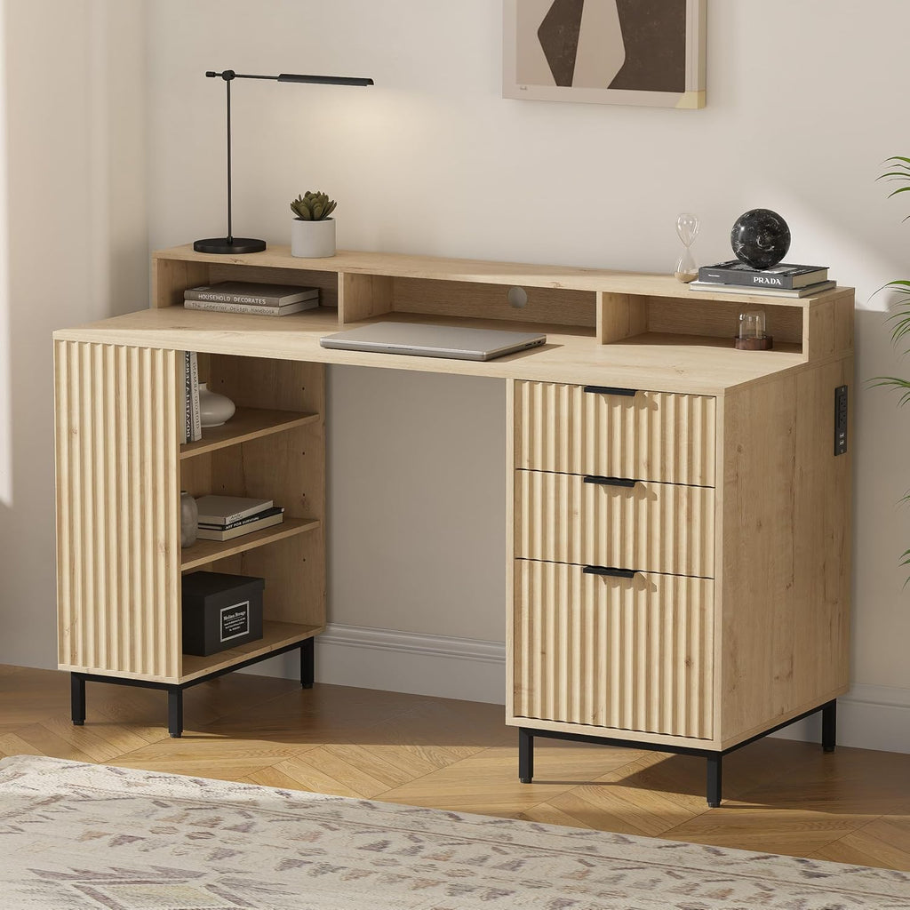 EYYTHUNG 55' Fluted Executive Desk with Charging Station, Modern Wood Home Office Desk with with Storage Shelf & File Drawer, Writing Study Computer Table for Work Study, Light Oak
