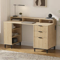 EYYTHUNG 55' Fluted Executive Desk with Charging Station, Modern Wood Home Office Desk with with Storage Shelf & File Drawer, Writing Study Computer Table for Work Study, Light Oak