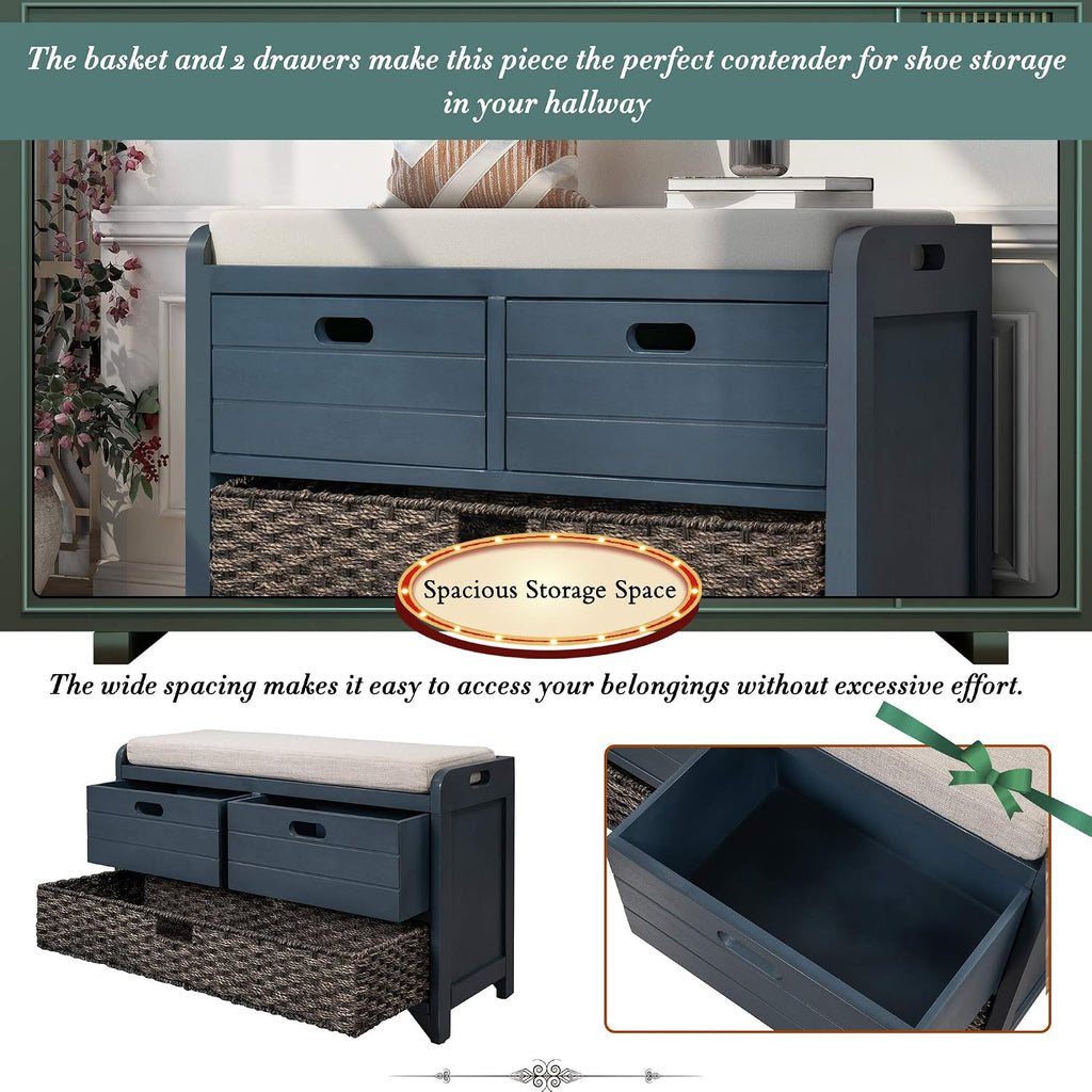 Merax Classic Wood Shoe Storage Bench with 2 Drawers, Large Rattan Basket and Seat Cushion for Entryway Hallway Front Door Navy