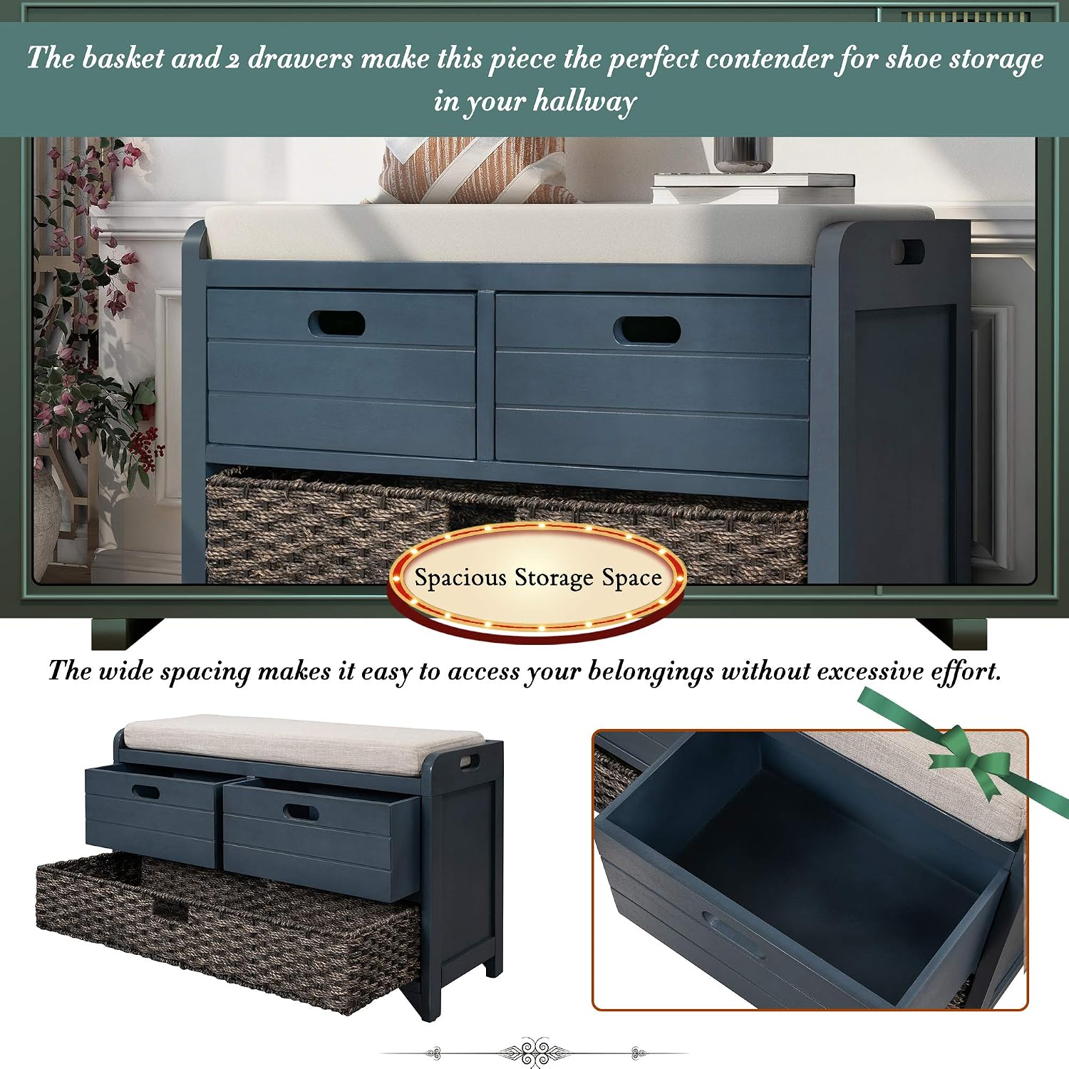 Merax Classic Wood Shoe Storage Bench with 2 Drawers, Large Rattan Basket and Seat Cushion for Entryway Hallway Front Door Navy