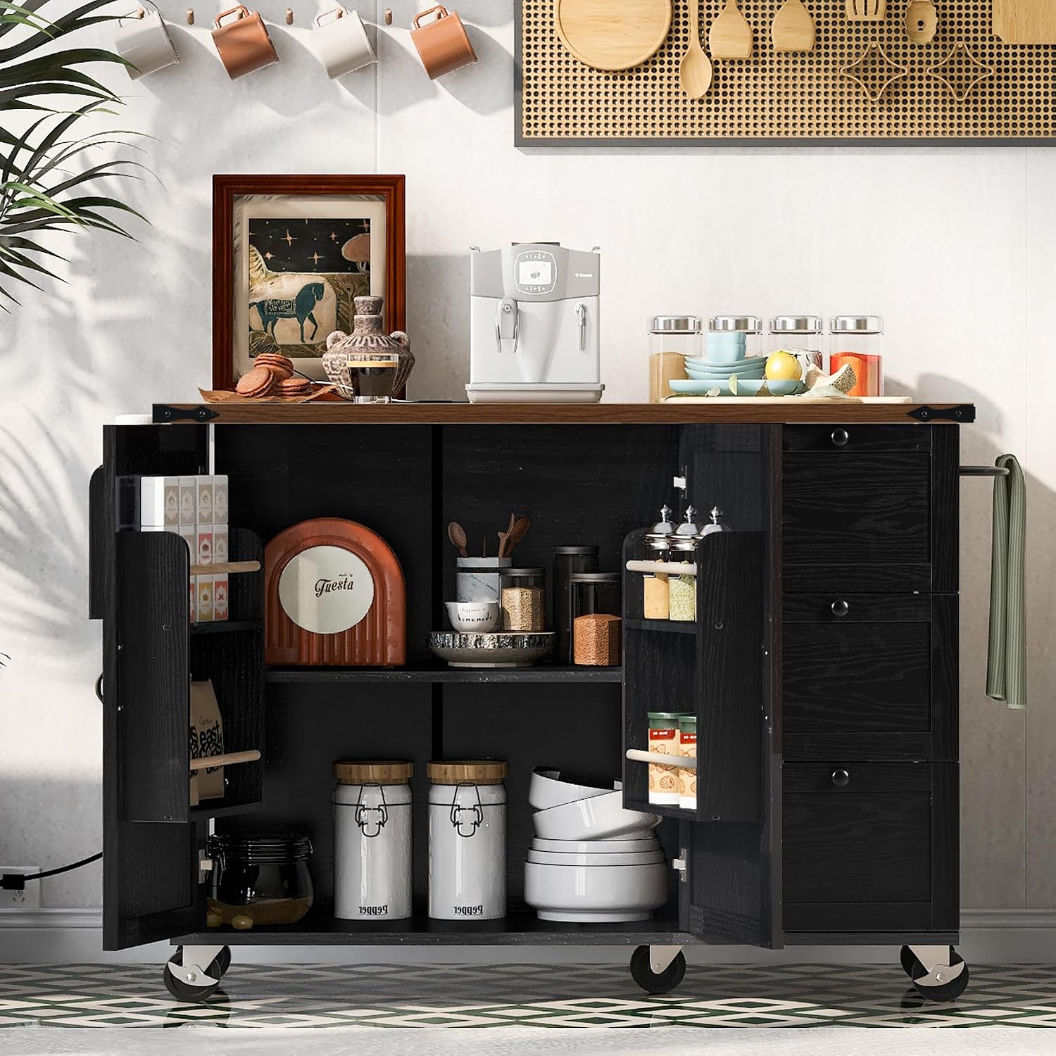 54.5' Farmhouse Kitchen Island with Power Outlet, Kitchen Storage Island with Internal Storage Rack, Drop Leaf, Spice Rack, Rolling Kitchen Cart on Wheels, for Home, Living Room and Dining Room,Black