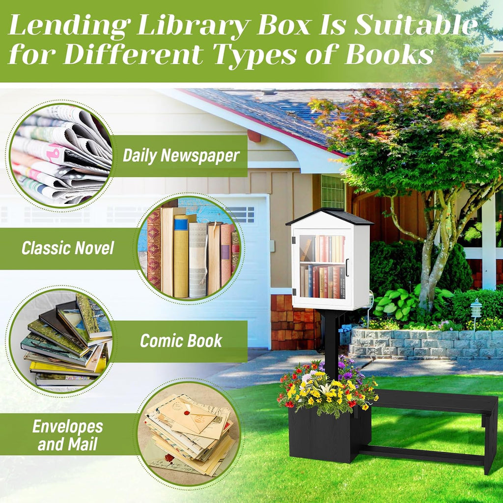 Wonderjune Little Library Box Outdoor with Bench & Planter DIY Paintable Lending Free Library Solid Pine Wood Neighborhood Share Box Ground Mount Kit for Yard Garden Community School(Black and White)