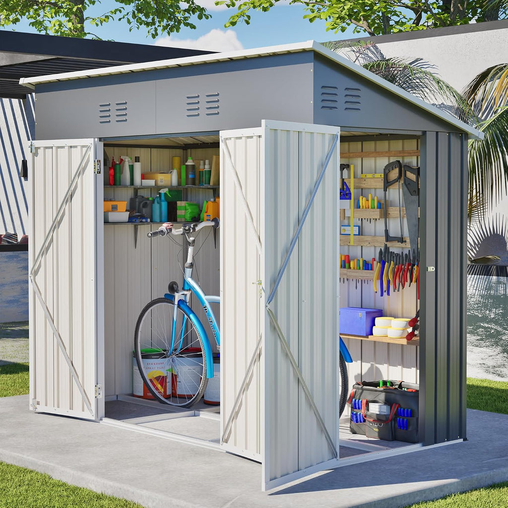 YOPTO 4x8 FT Outdoor Storage Shed,Slope Roof Storage Metal Garden Shed Steel with Reinforced Beams,All Weather Waterproof Garden Tool House W/Lockable Door & 4 Air Vents,for Backyard,Patio,Lawn,Grey
