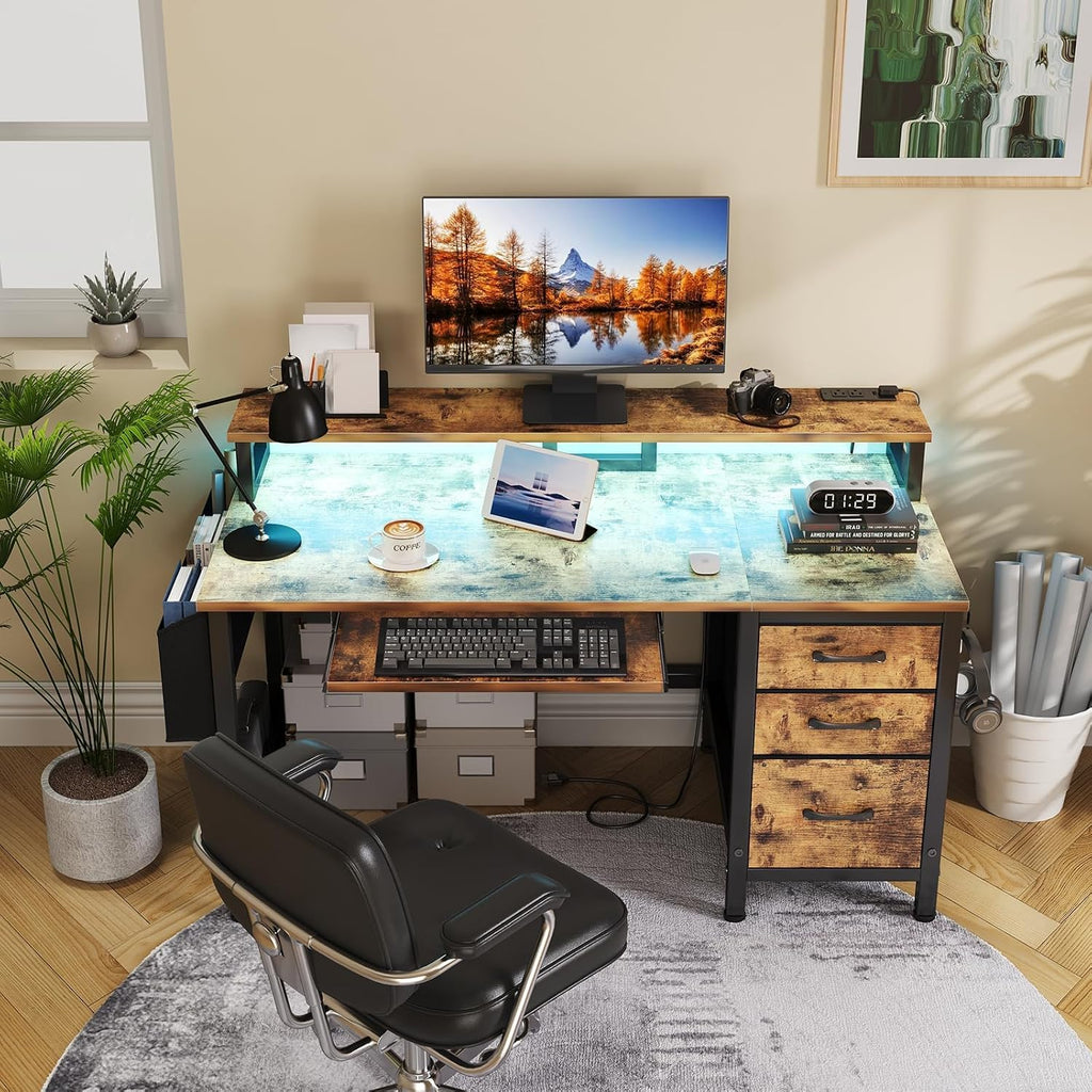 Lufeiya Gaming Desk with LED Lights and Power Outlets, 47 Inch Home Office Desks with Keyboard Tray, Computer Desk with File Drawers Cabinet, Writing Table PC Desks with Monitor Stand, Rustic Brown