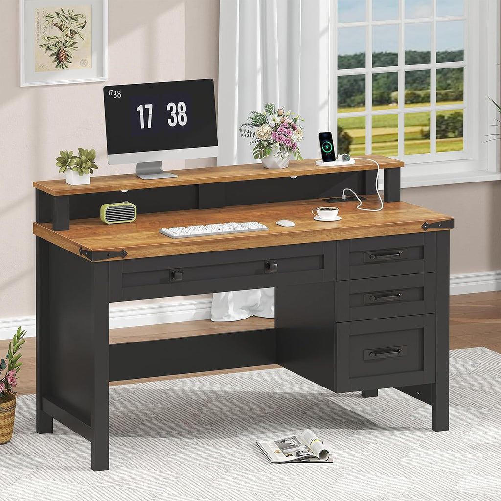 YOMILUVE Farmhouse Computer Desk with Drawers, 47' Small Computer Desk with Power Outlets, Home Office Desk with Monitor Stand & 4 Drawers, Writing Study Table, Brown and Black
